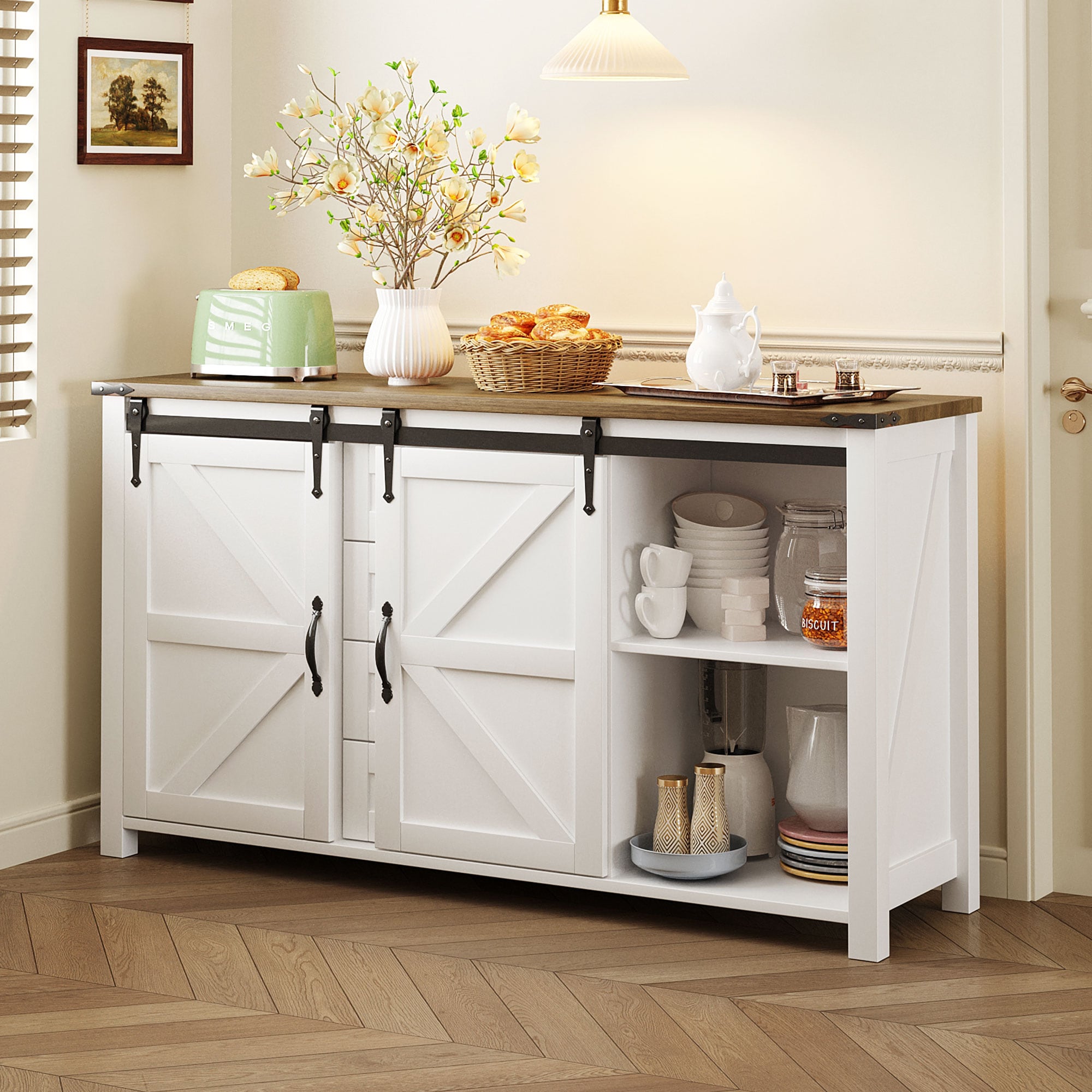 ModernLuxe Assembly Required 55.1Inch Sideboard with StorageFarmhouse Storage Cabinet with Sliding Barn Doors and 4 Drawers Wood Buffet Table with Power Outlet - Image 20