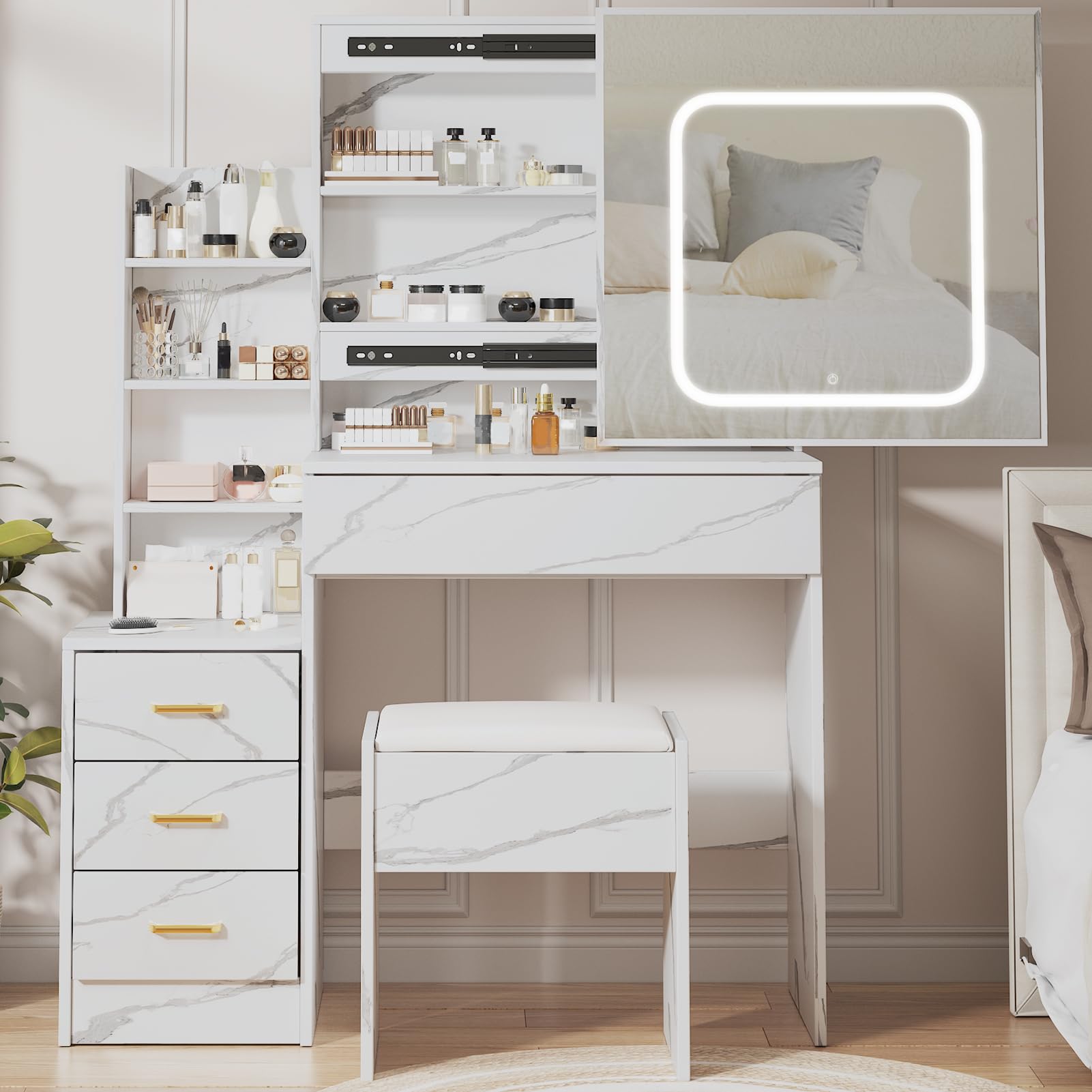 Garvee Vanity Desk With Sliding Mirror And LED Lights Makeup Dressing Table With Four Drawers Storage Shelves Power Outlet And Stool Three Color Adjustable Light For Bedroom Use - Image 9