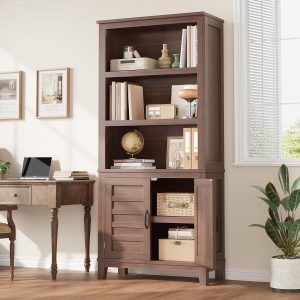 Garvee 71in Farmhouse Tall Bookcase 5 Tier Bookshelf with Doors And Adjustable Shelf Wooden Display Cabinet Narrow Storage Cabinet Accent Furniture Living Room Office Library
