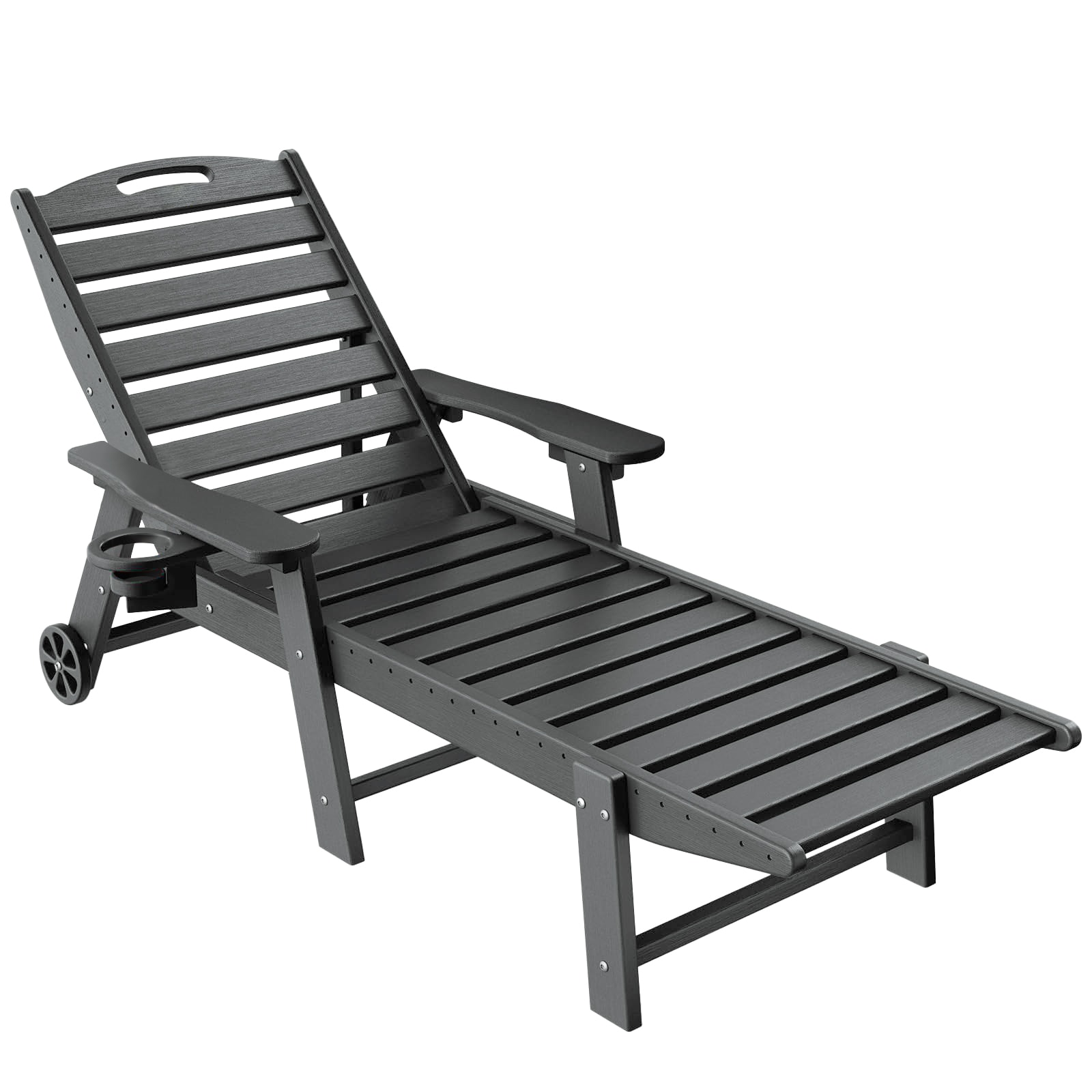 Upland Lounge Chair Ourdoor with 6-Position Adjustable Back, HDPE Patio Chaise with Wheels and Cup Holder Grey HDPE Frame Stationary Chaise Lounge Chair with Woven Seat