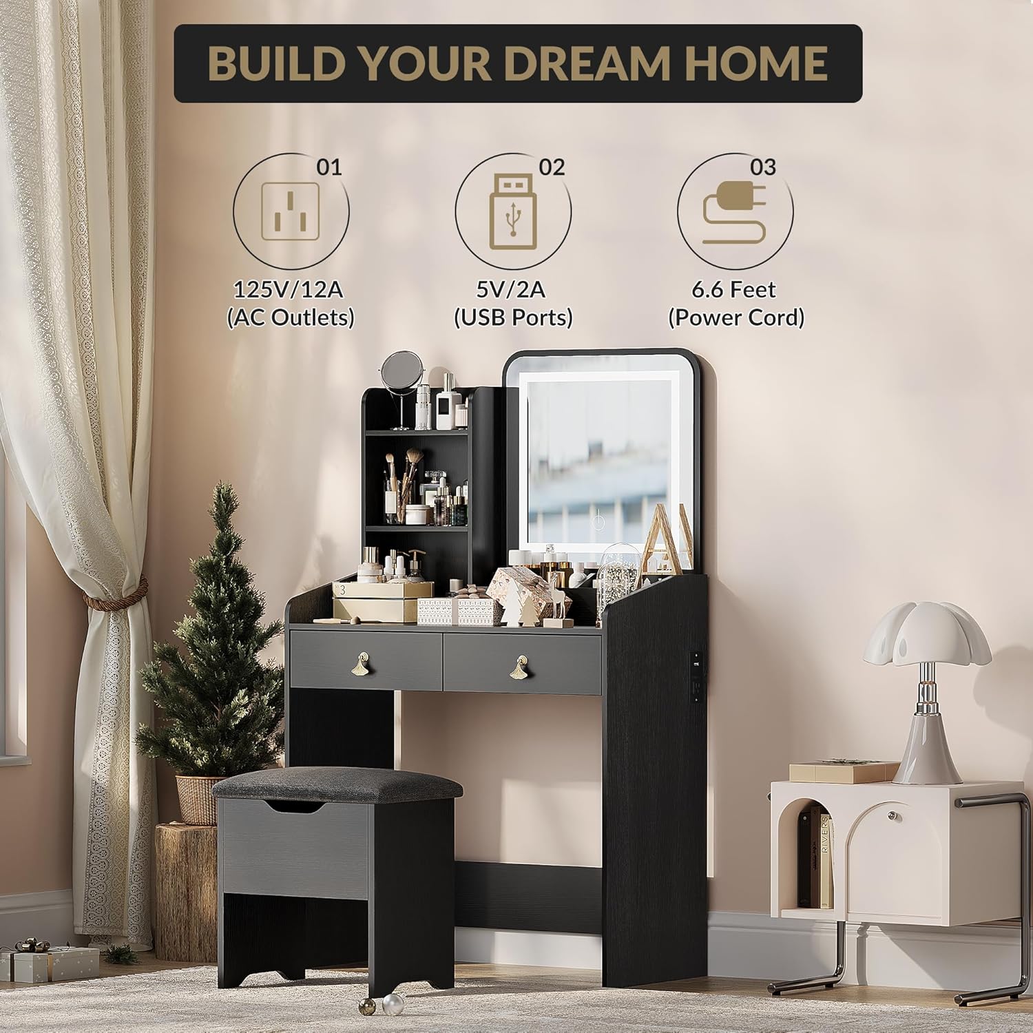 Garvee Black Vanity Desk with LED Light Mirror and Storage Stool - Small Led Vanity with Chair - Small Makeup Vanities Set for Girls and Women - Image 3