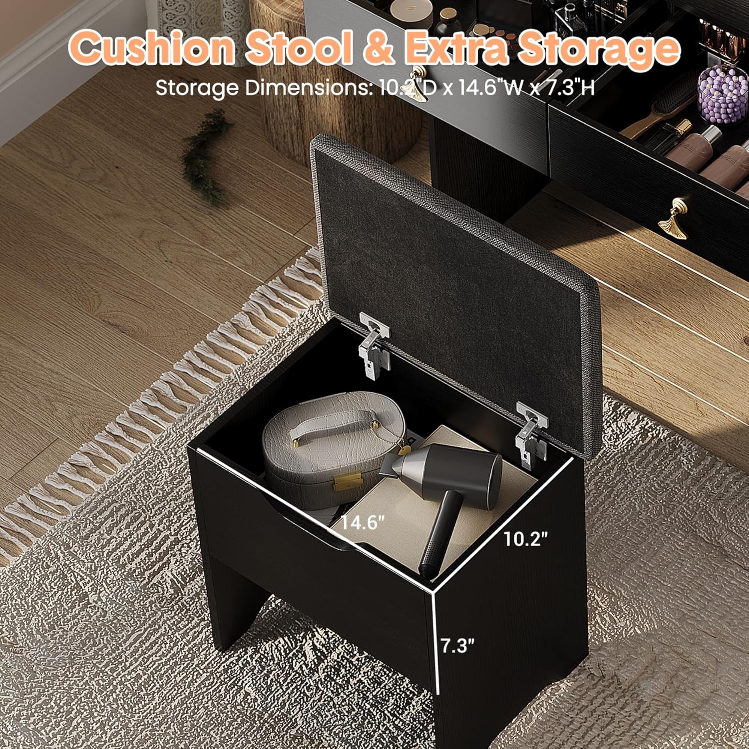 Garvee Black Vanity Desk with LED Light Mirror and Storage Stool - Small Led Vanity with Chair - Small Makeup Vanities Set for Girls and Women - Image 7