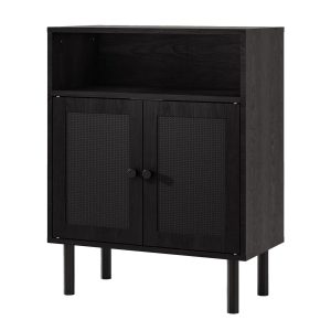 Etokfoks Rattan Storage Cabinet Black 32 in H x 11.6 in W x 23.2 in D Double Door Boho Accent Sideboard with Shelves for Hallway Kitchen Entryway 1 Piece