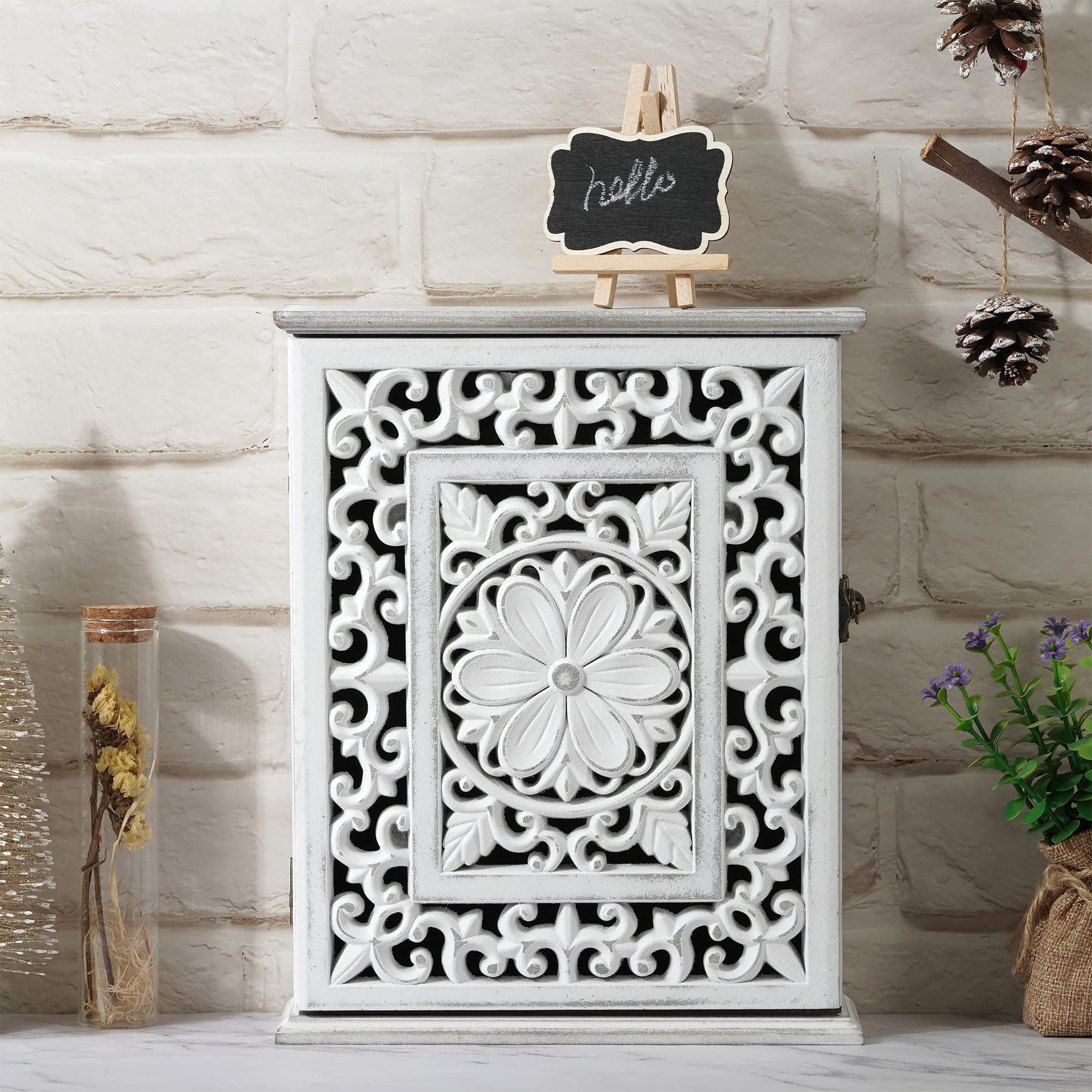 Etokfoks Wooden Key Holder for Wall 1 Piece Rustic White Key Cabinet with 6 Double Metal Hooks Decorative Key Rack for Entryway Hallway - Image 2
