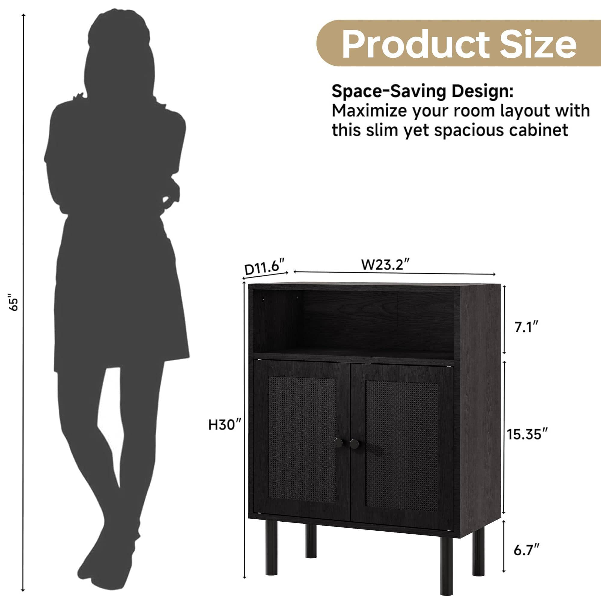 Etokfoks Rattan Storage Cabinet Black 32 in H x 11.6 in W x 23.2 in D Double Door Boho Accent Sideboard with Shelves for Hallway Kitchen Entryway 1 Piece - Image 3