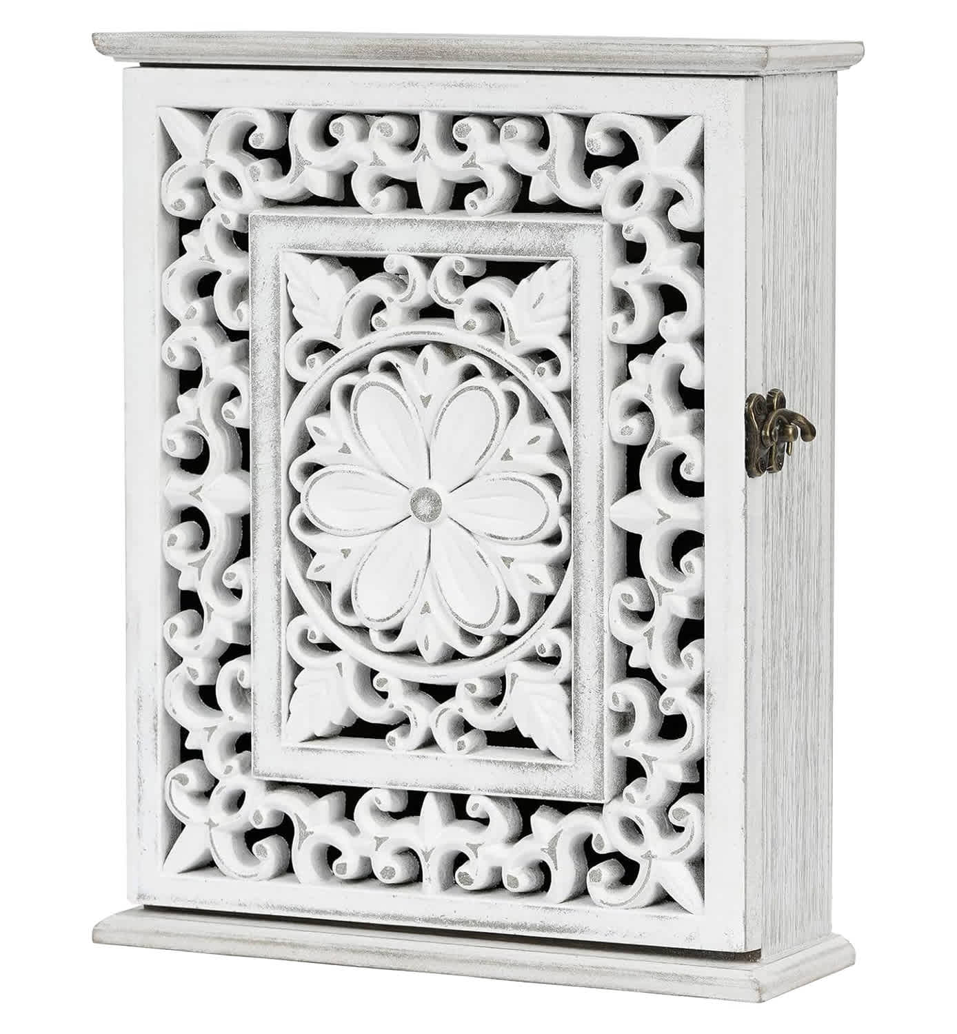 Etokfoks Wooden Key Holder for Wall 1 Piece Rustic White Key Cabinet with 6 Double Metal Hooks Decorative Key Rack for Entryway Hallway