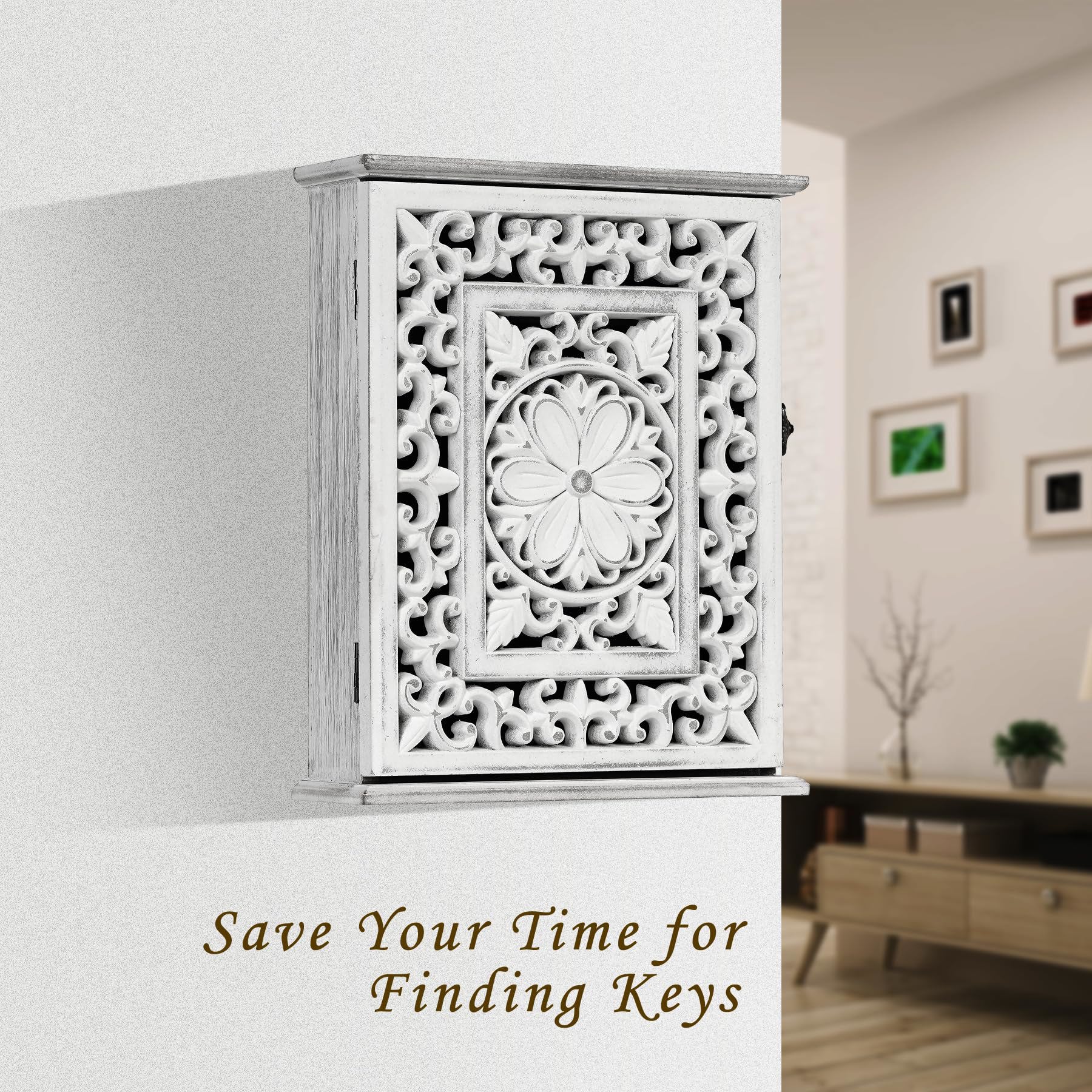 Etokfoks Wooden Key Holder for Wall 1 Piece Rustic White Key Cabinet with 6 Double Metal Hooks Decorative Key Rack for Entryway Hallway - Image 5