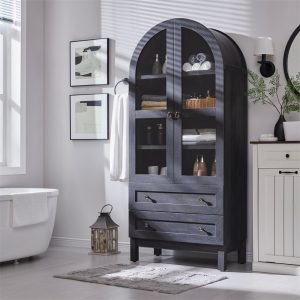 DecorUHome Arched Pantry Cabinet with Glass Door and 2 Drawers Adjustable Modern Farmhouse Kitchen Storage Cabinet for Living Room and Kitchen