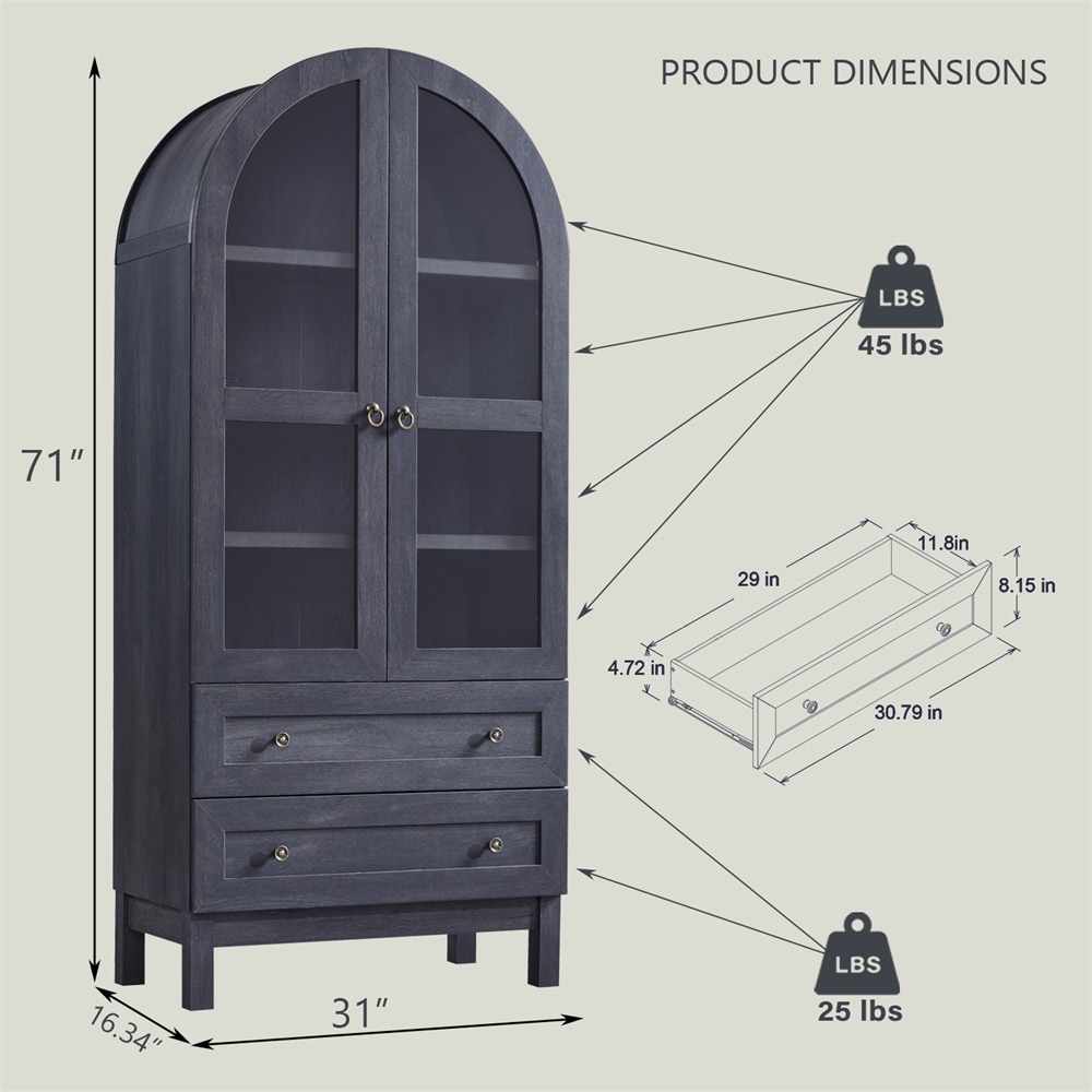 DecorUHome Arched Pantry Cabinet with Glass Door and 2 Drawers Adjustable Modern Farmhouse Kitchen Storage Cabinet for Living Room and Kitchen - Image 2