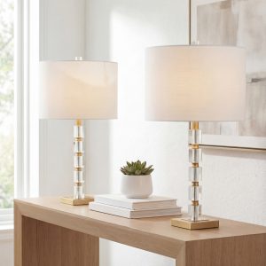 JONATHAN Y Claire Crystal Glam 28.5-in Brass Gold LED Rotary socket Table Lamp with Linen Shade ( Set of 2 )