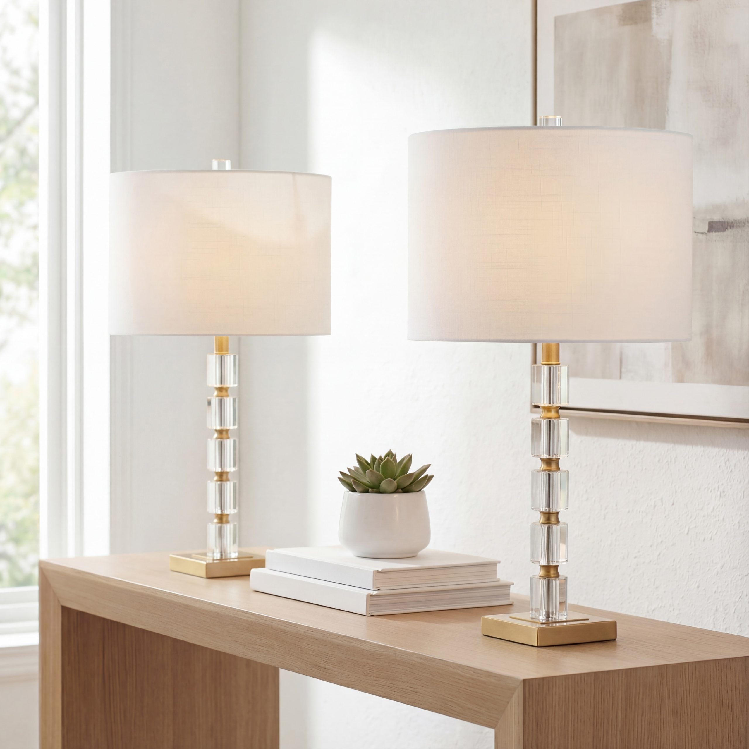 JONATHAN Y Claire Crystal Glam 28.5-in Brass Gold LED Rotary socket Table Lamp with Linen Shade ( Set of 2 )