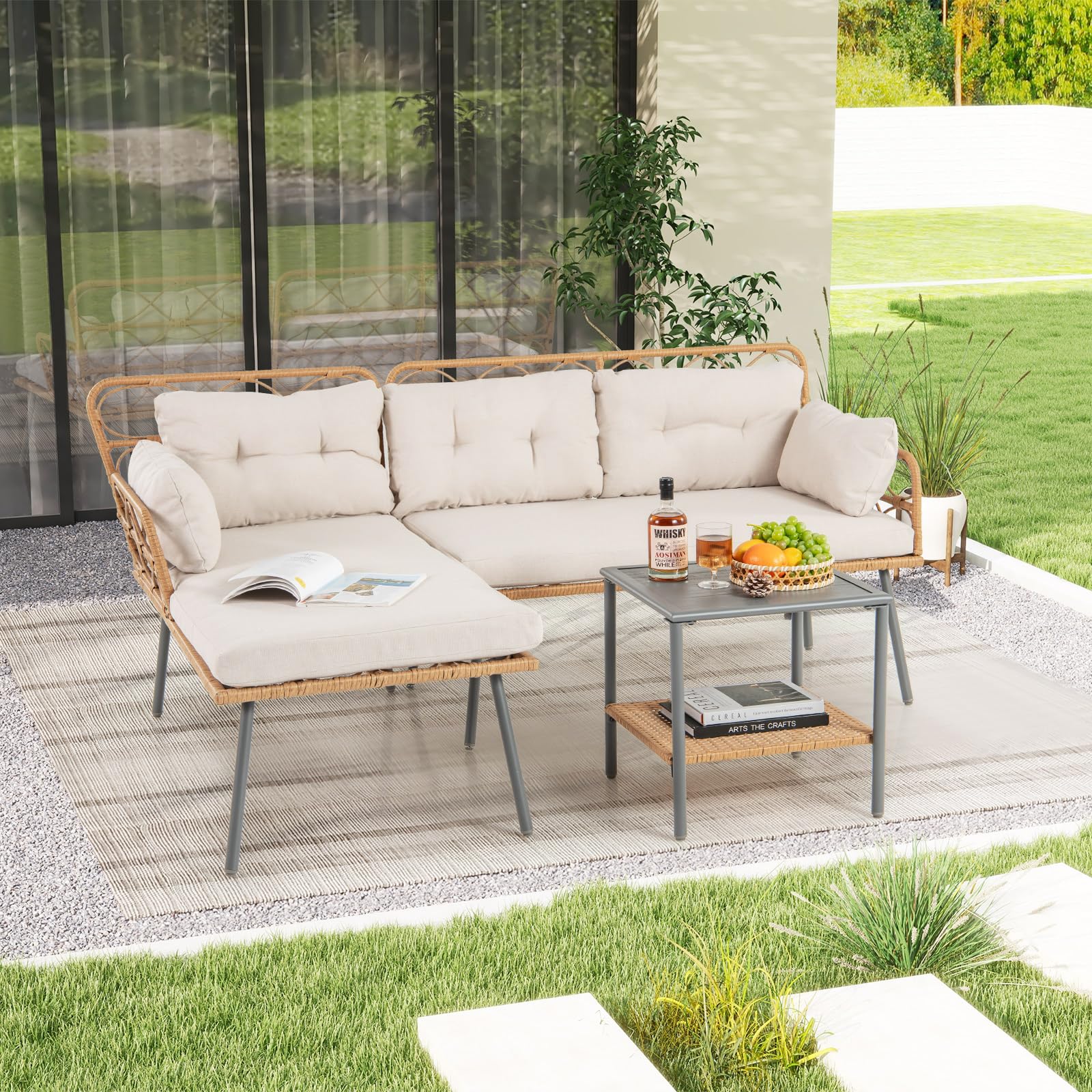 Tangkula 3 Pieces Corner Patio Furniture Set, PE Rattan L-Shaped Cushioned Sofa Set with Small Coffee Table - Image 3