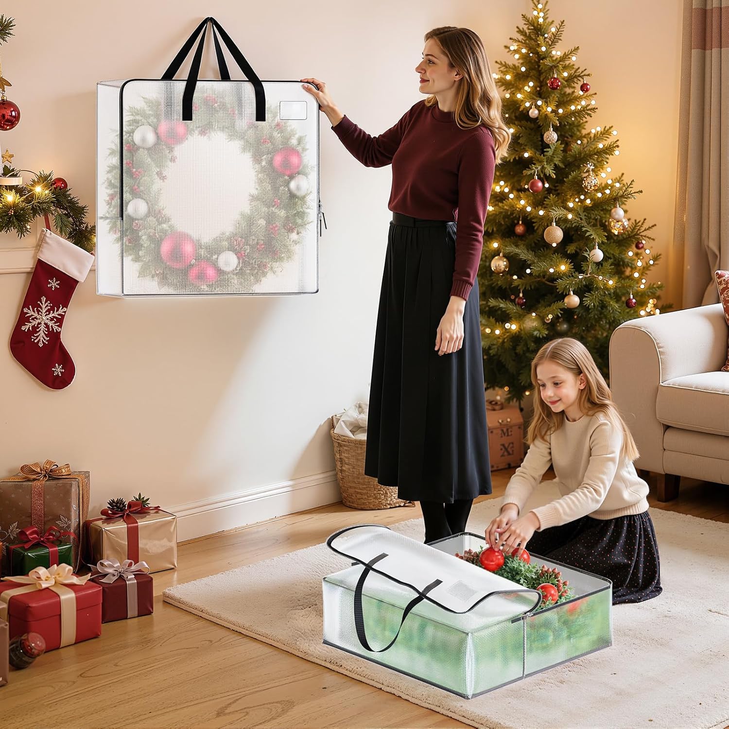 Misopily 5 Pack 93L Clear Christmas Wreath Storage Bags for 24 to 30 Inch Artificial Garland Holiday Organizer with Reinforced Zippers Foldable - Image 6