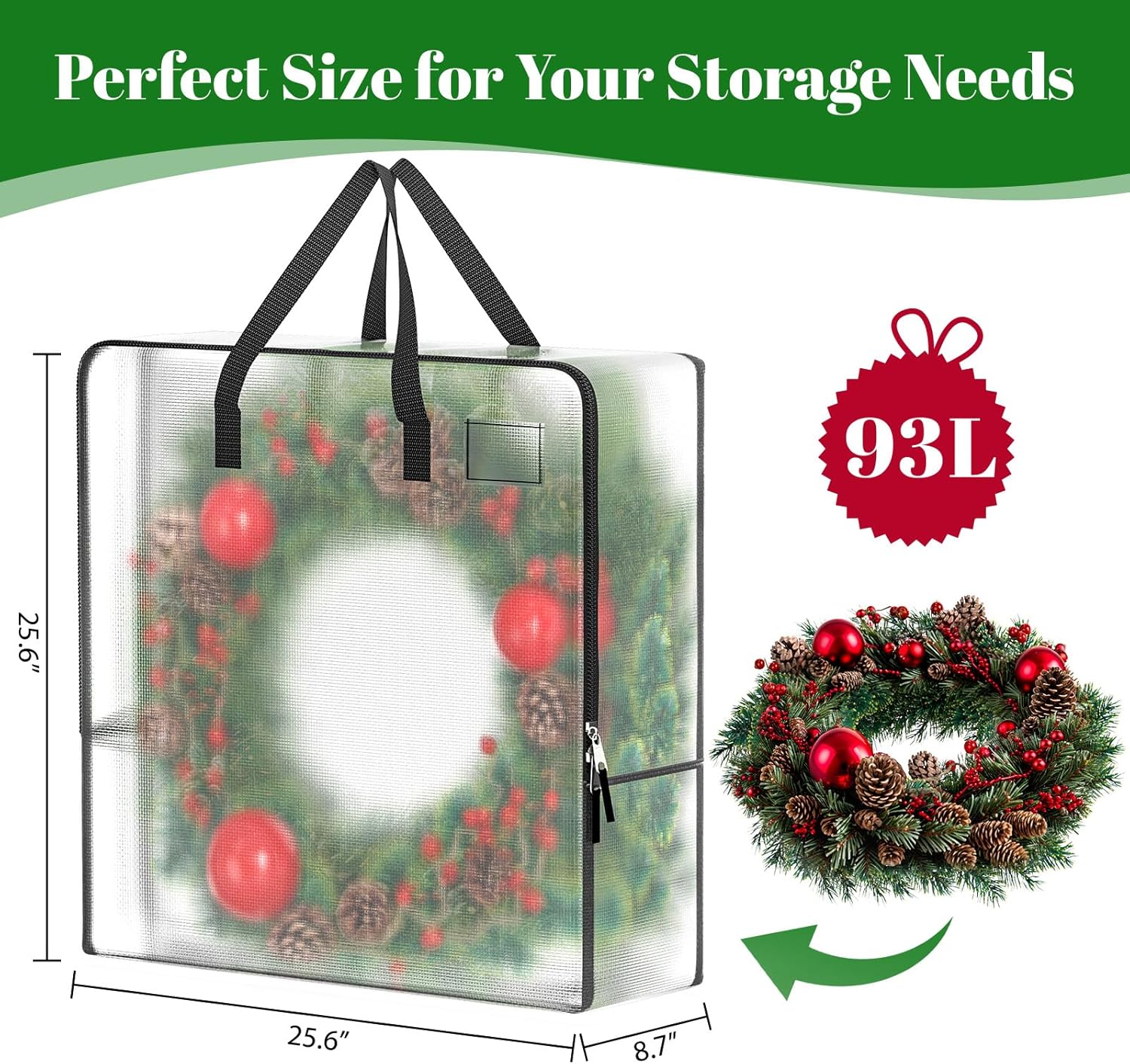 Misopily 5 Pack 93L Clear Christmas Wreath Storage Bags for 24 to 30 Inch Artificial Garland Holiday Organizer with Reinforced Zippers Foldable - Image 2