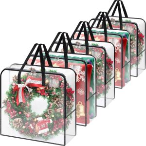 Misopily 5 Pack 93L Clear Christmas Wreath Storage Bags for 24 to 30 Inch Artificial Garland Holiday Organizer with Reinforced Zippers Foldable