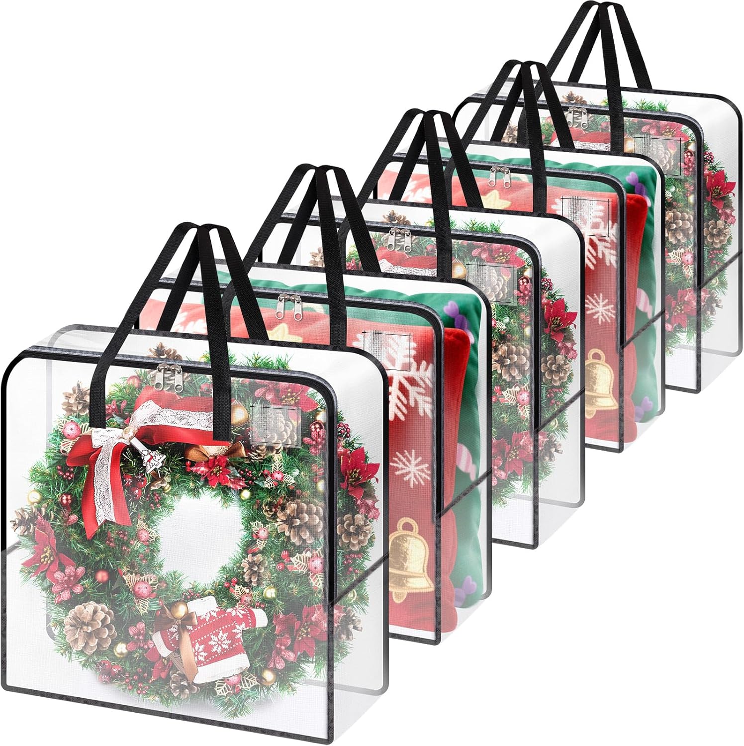 Misopily 5 Pack 93L Clear Christmas Wreath Storage Bags for 24 to 30 Inch Artificial Garland Holiday Organizer with Reinforced Zippers Foldable
