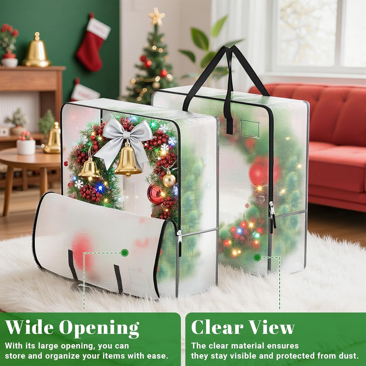 Misopily 5 Pack 93L Clear Christmas Wreath Storage Bags for 24 to 30 Inch Artificial Garland Holiday Organizer with Reinforced Zippers Foldable - Image 4
