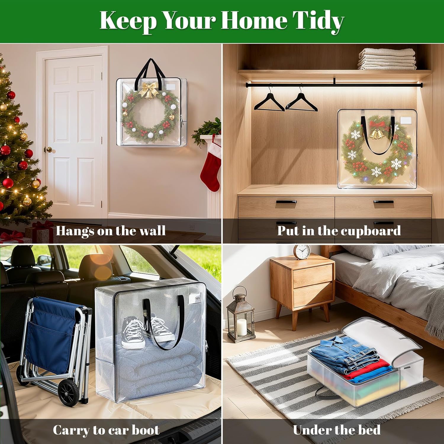 Misopily 5 Pack 93L Clear Christmas Wreath Storage Bags for 24 to 30 Inch Artificial Garland Holiday Organizer with Reinforced Zippers Foldable - Image 7