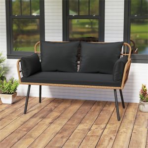 BABOOM Outdoor Rattan Sofa Rattan Outdoor Loveseat with Black Cushions and Steel Frame