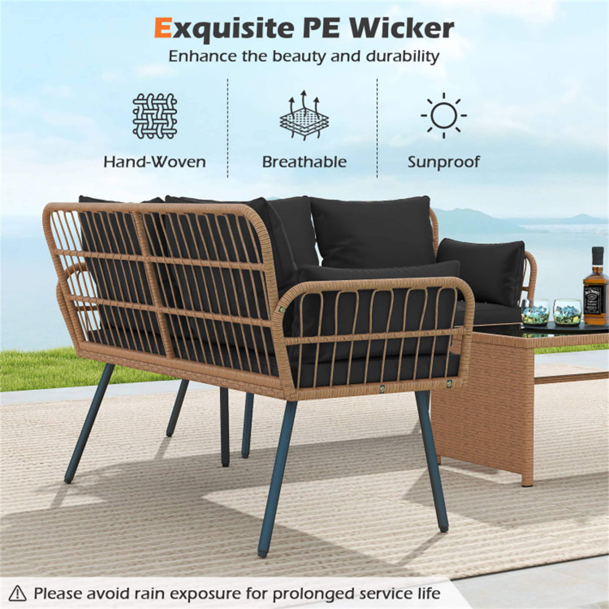 BABOOM Outdoor Rattan Sofa Rattan Outdoor Loveseat with Black Cushions and Steel Frame - Image 7