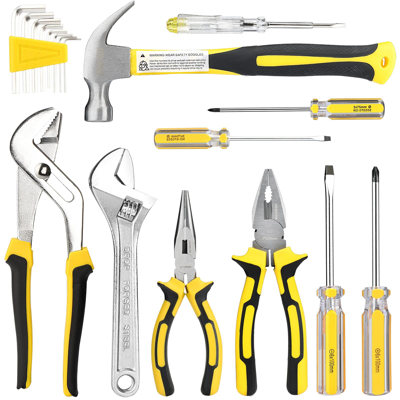 Afoxsos 19 Piece Household Tool Kit Set with Pliers Screwdrivers Hammer Adjustable Wrench Hex Key Set and Storage Canvas Bag for Home Projects - Image 2