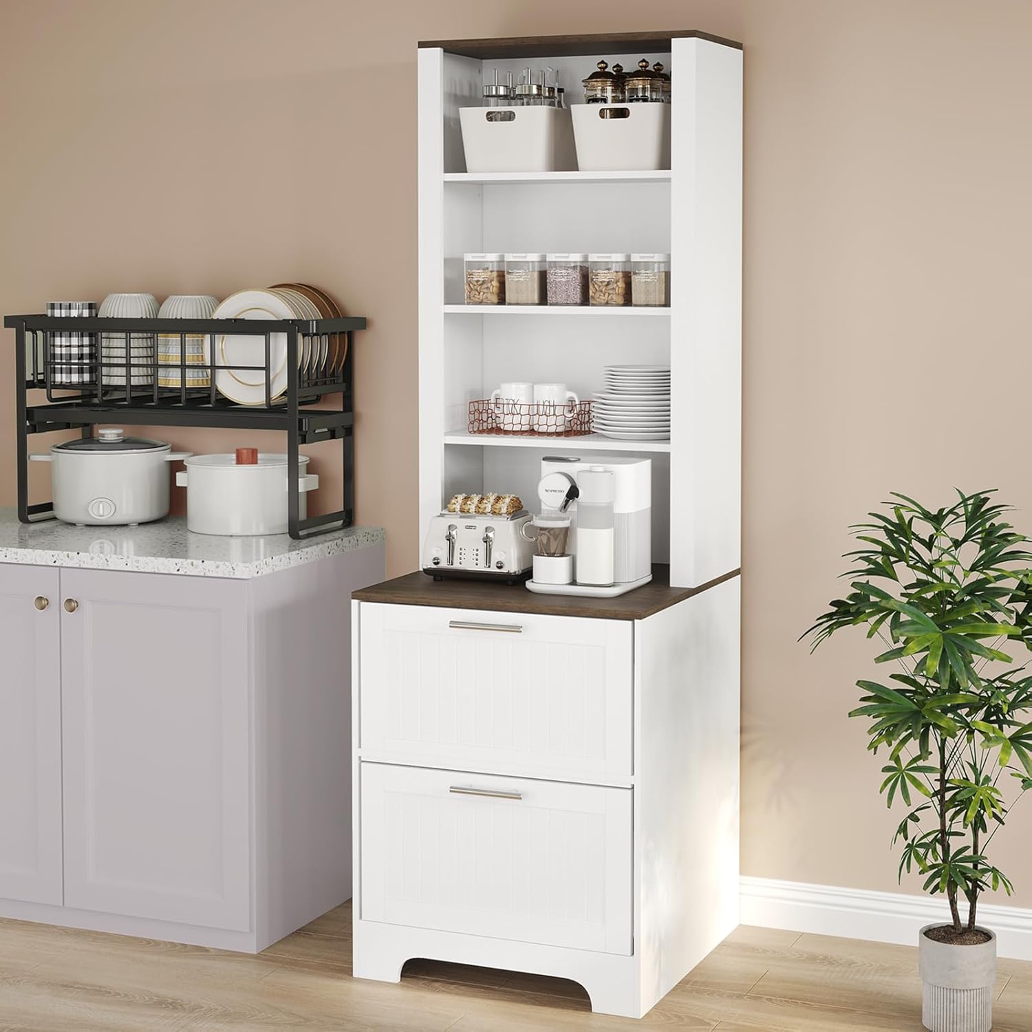 Garvee 72in Tall Bookshelf with 2 File Drawers Wooden Farmhouse Bookcase Storage Cabinet 2 Adjustable Shelves Home Office Living Room White - Image 7