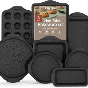 Bakken Swiss 8 Piece Bakeware Set Nonstick Carbon Steel Baking Pans with Red Silicone Handles Oven Safe 450F Includes Cookie Sheets Muffin Pan Loaf Pan Round Cake Pan Square Pan Roasting Pan PFOA PFOS PTFE Free