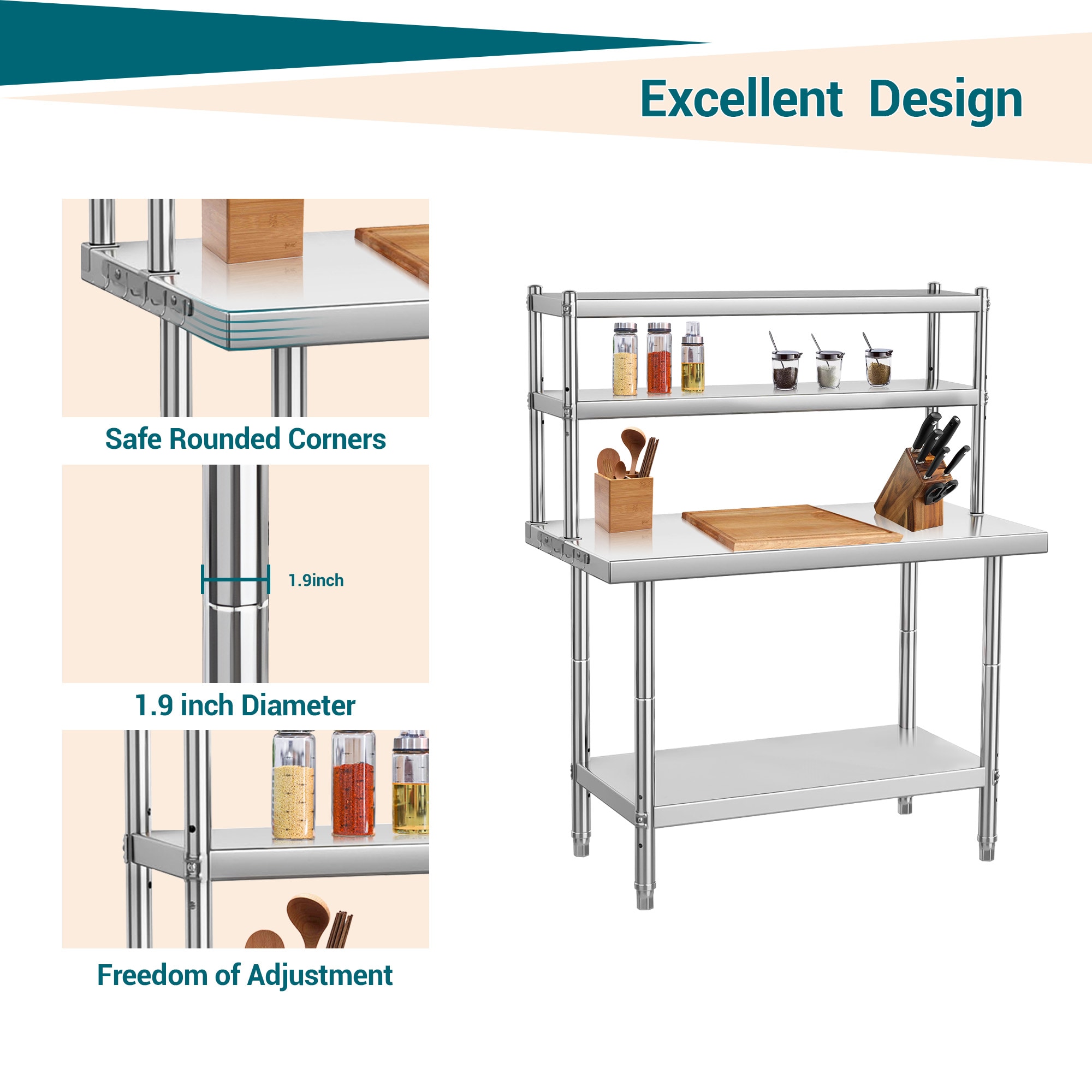 Garvee Stainless Steel Prep Table 48x24 Inch Commercial Kitchen Work Table with Adjustable Undershelf 1460 LBS Capacity for Restaurant Garage Home - Image 3
