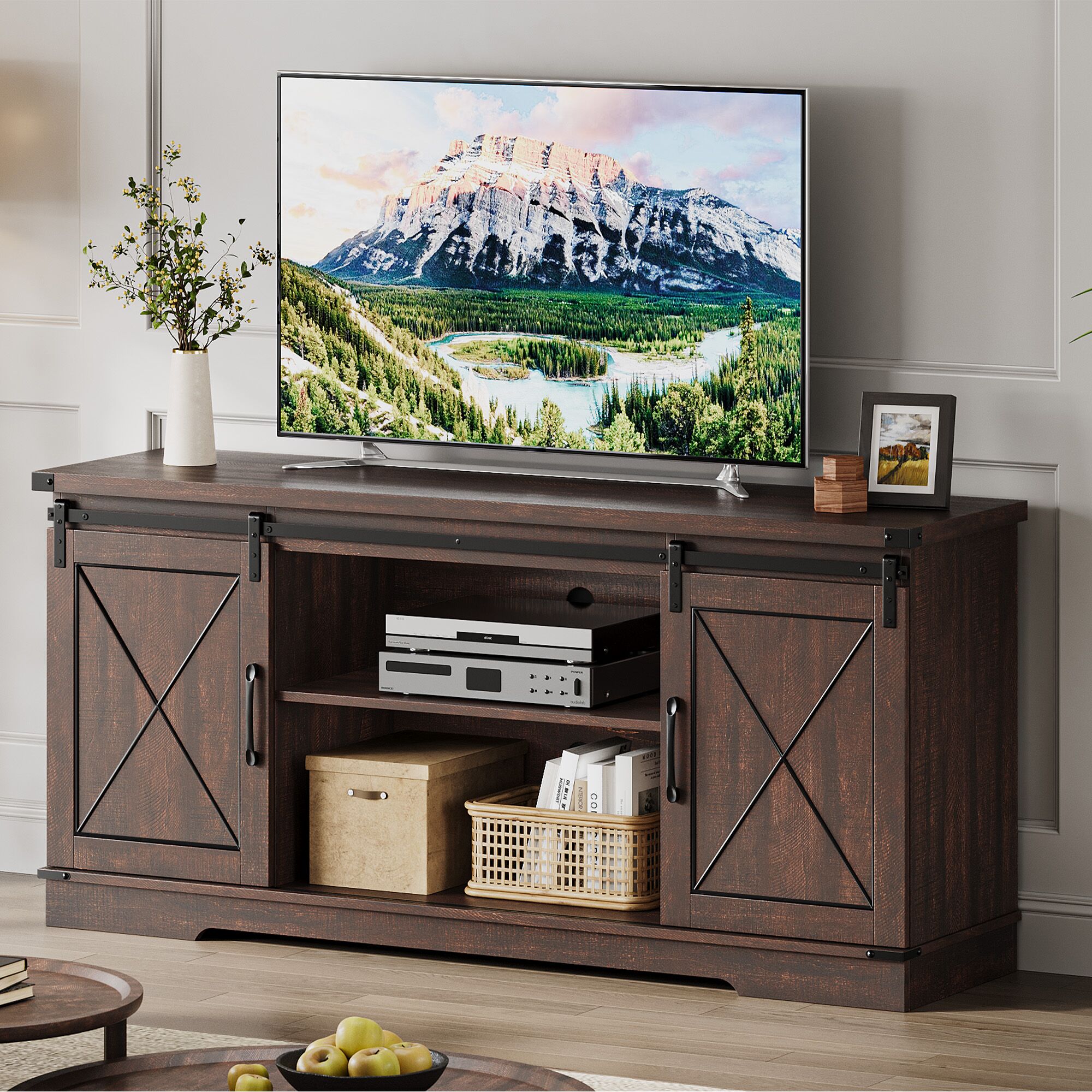 Garvee 59 Inch Farmhouse TV Stand for TVs Up to 65 Inch Media Console with Sliding Barn Doors and Adjustable Shelves - Image 4