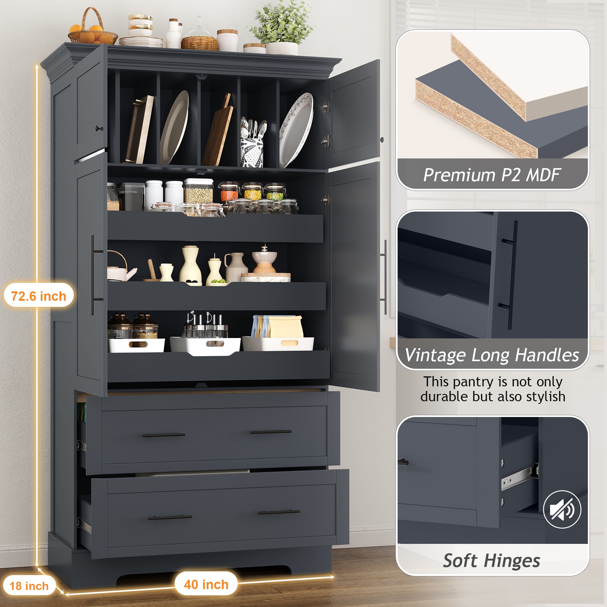 ModernLuxe Assembly Required Farmhouse Freestanding 40inchx18inchx72.6inch Kitchen Pantry 4 Doors Dining Storage Cabinet with Pullout Trays Drawers and Cake Pan Storage Organizer Grey - Image 3