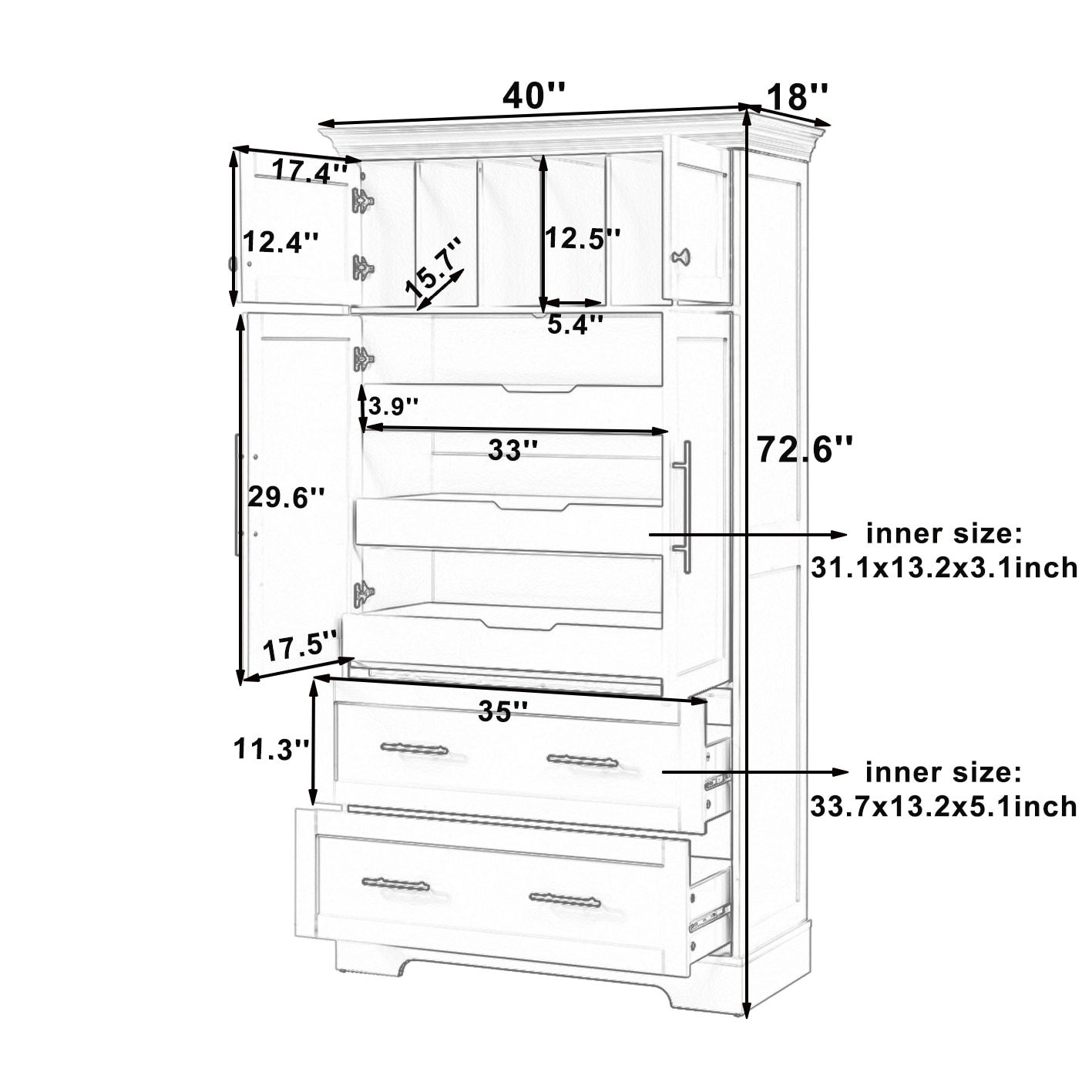ModernLuxe Assembly Required Farmhouse Freestanding 40inchx18inchx72.6inch Kitchen Pantry 4 Doors Dining Storage Cabinet with Pullout Trays Drawers and Cake Pan Storage Organizer Grey - Image 7