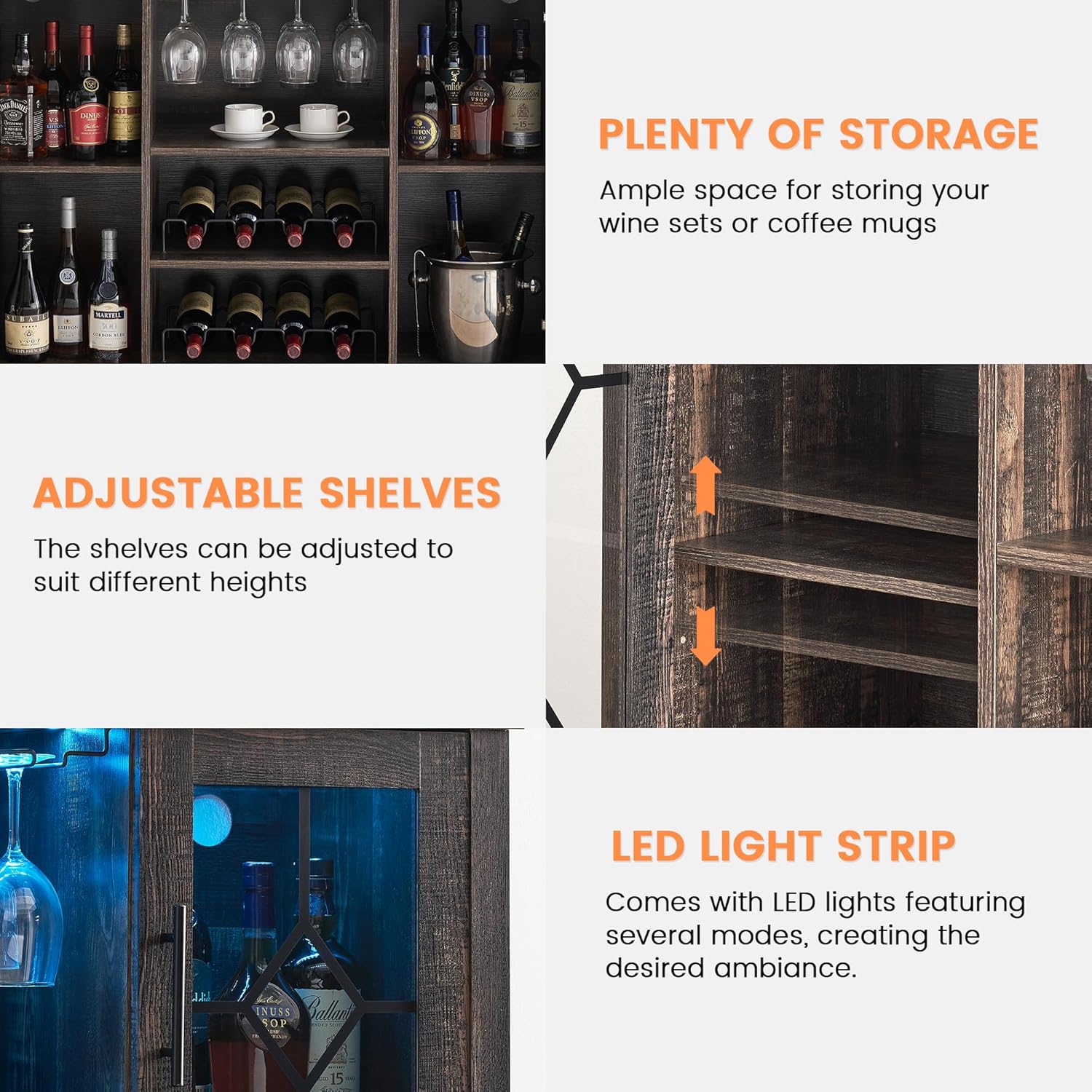 Garvee LED Glow Home Bar and Coffee Station - Removable Wine Racks/ Glass Holders/ Freestanding Storage Buffet / Fire-burned - Image 4