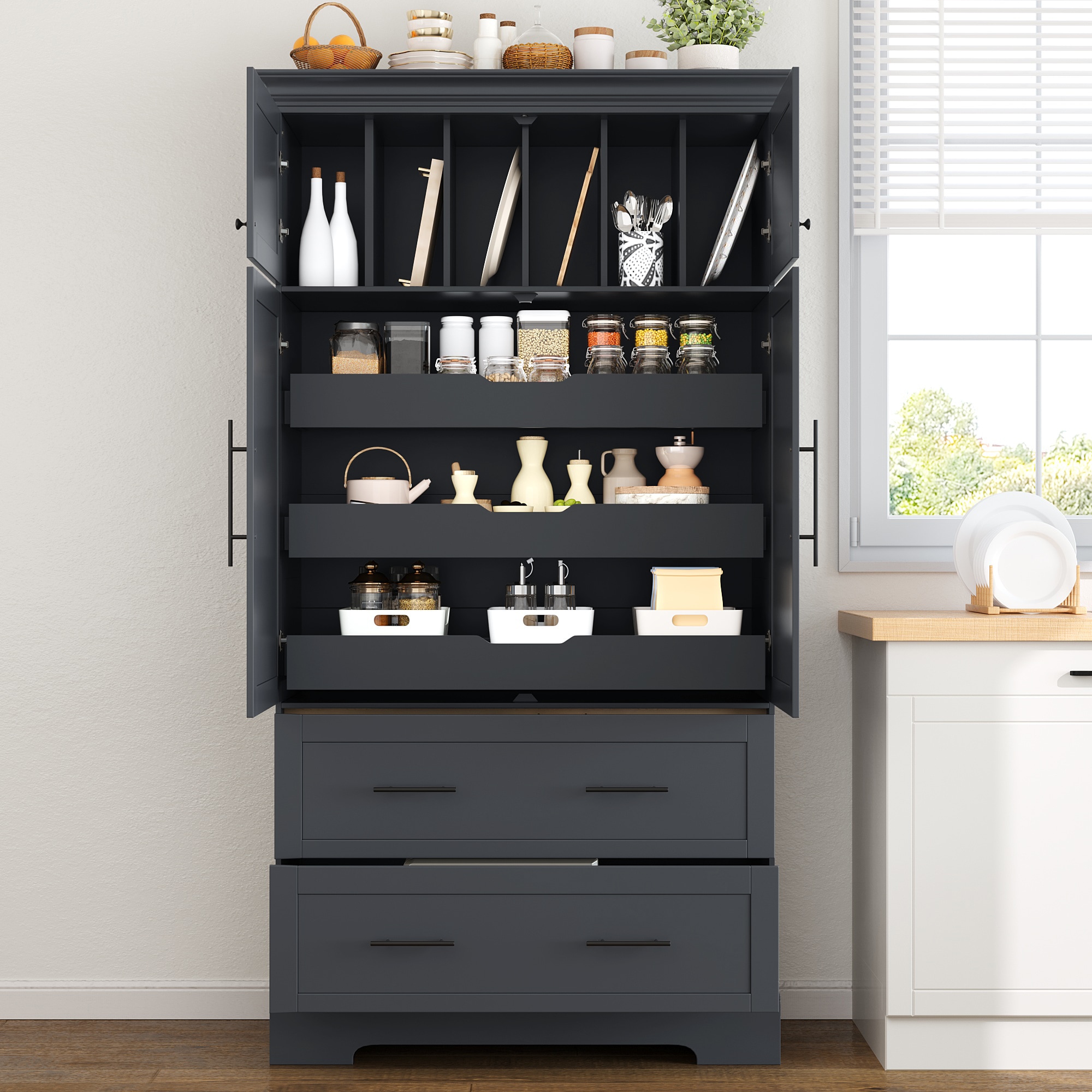 ModernLuxe Assembly Required Farmhouse Freestanding 40inchx18inchx72.6inch Kitchen Pantry 4 Doors Dining Storage Cabinet with Pullout Trays Drawers and Cake Pan Storage Organizer Grey - Image 20