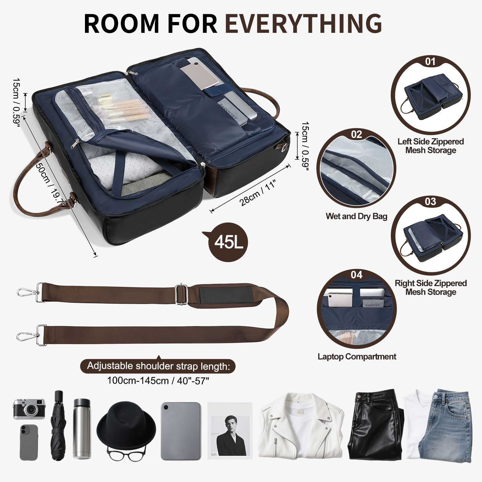 Unique Bargains Lay-Flat Travel Duffel Bag for Women and Men Stylish Carry-On Weekend Bag with Laptop Compartment and Wet/Dry Storage Black - Image 3