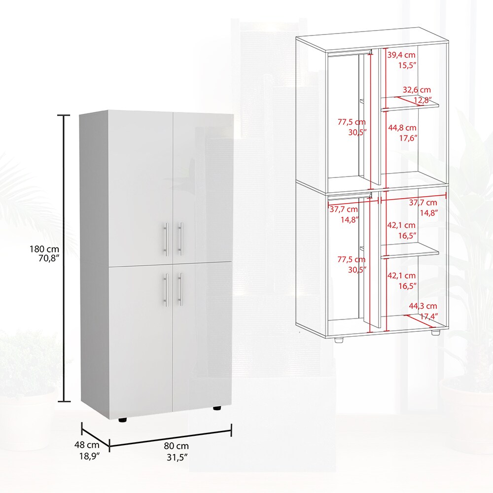 Watnature Hazel Tall Four Door Wardrobe Closet Cabinet with Spacious Shelving Dual Hanging Rods and Clean White Finish - Image 3