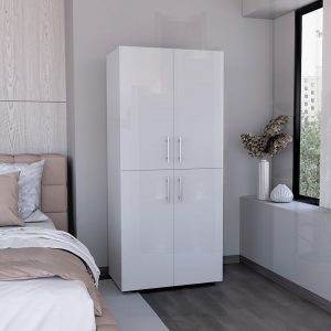 Watnature Hazel Tall Four Door Wardrobe Closet Cabinet with Spacious Shelving Dual Hanging Rods and Clean White Finish