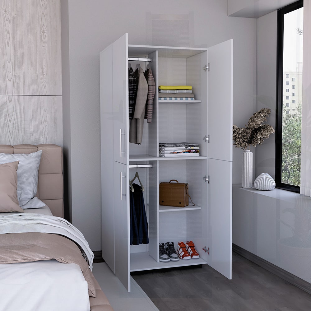 Watnature Hazel Tall Four Door Wardrobe Closet Cabinet with Spacious Shelving Dual Hanging Rods and Clean White Finish - Image 2