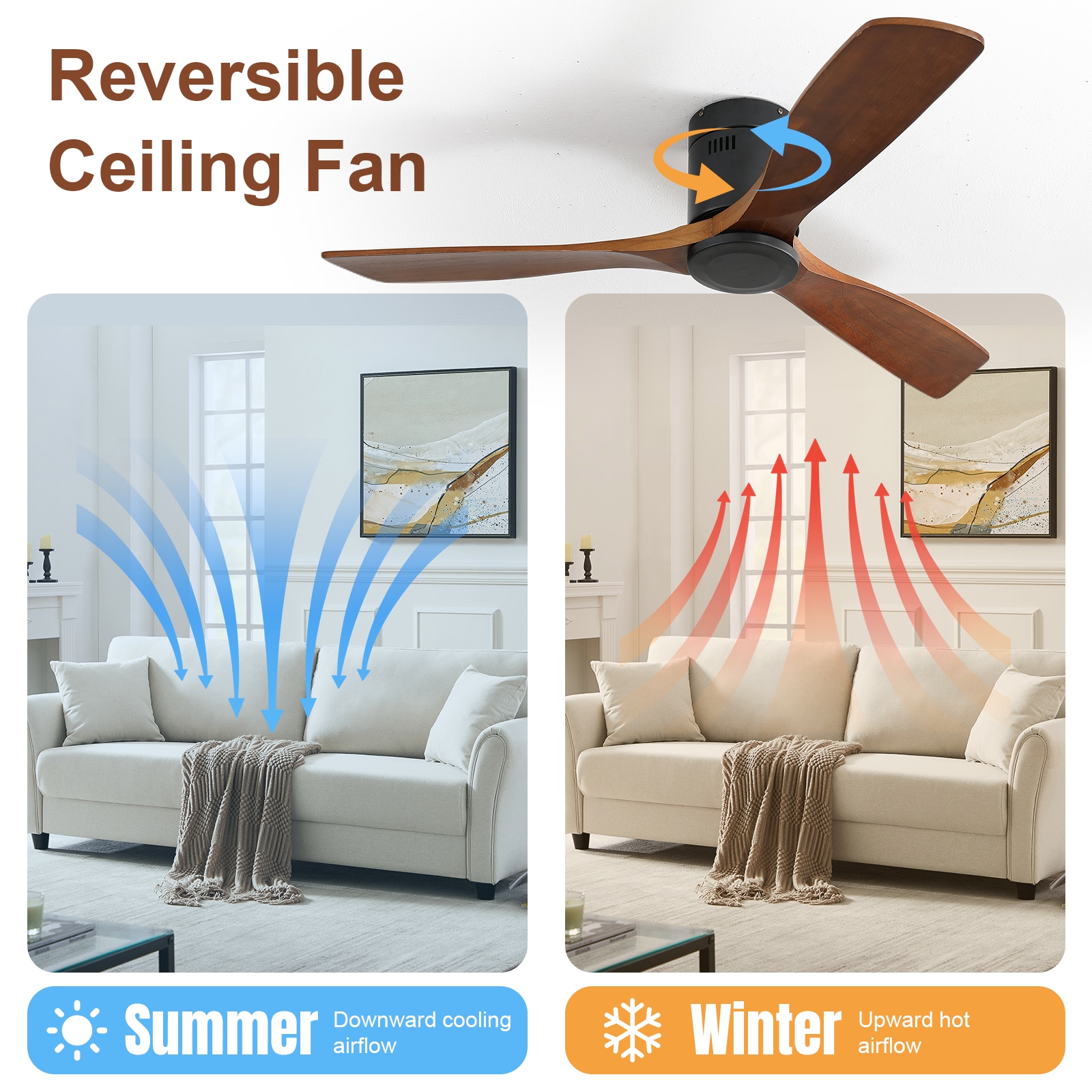 LUXEYARD 52 Inch Indoor Wooden Ceiling Fan With 3 Solid Wood Blades Remote Control Reversible - Image 3