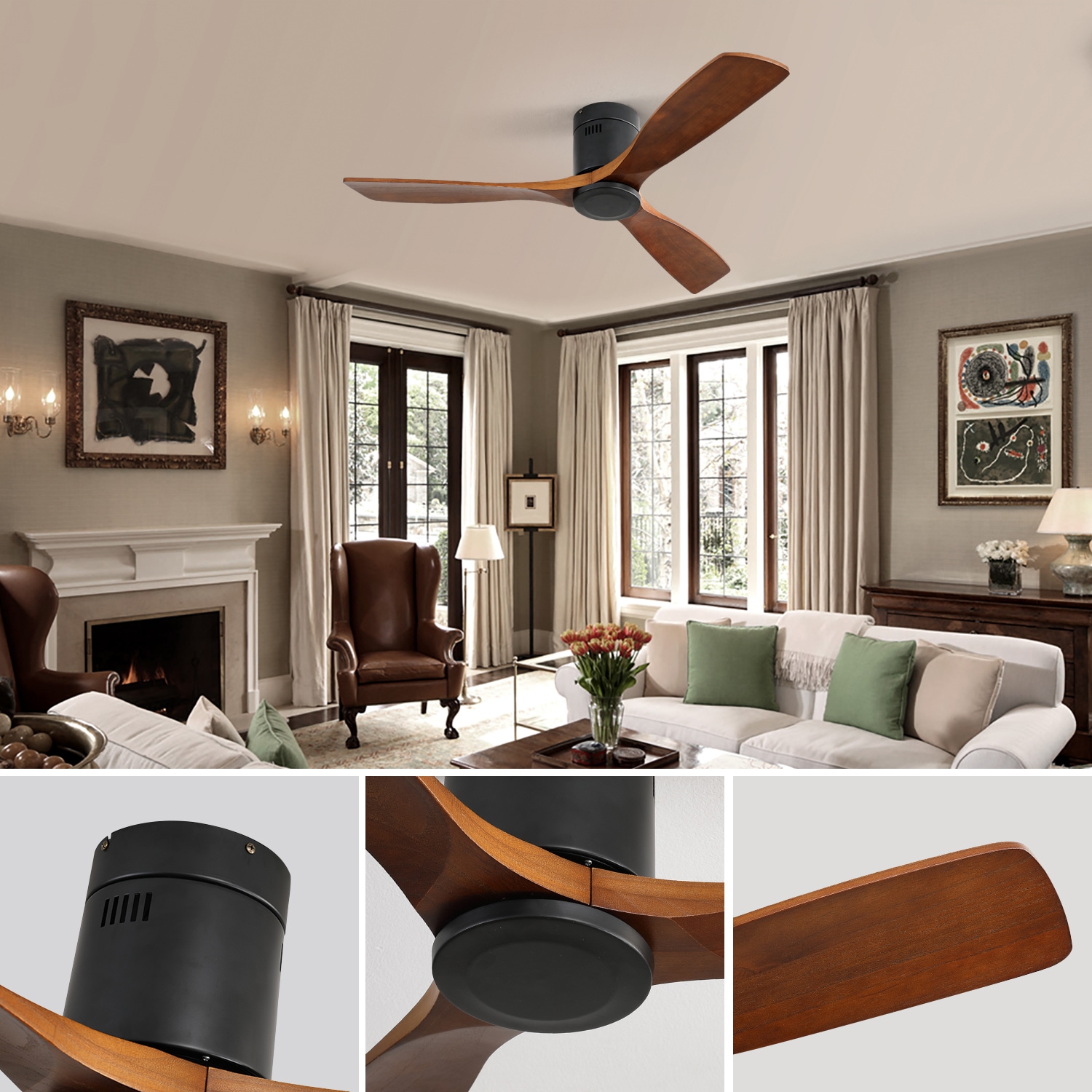 LUXEYARD 52 Inch Indoor Wooden Ceiling Fan With 3 Solid Wood Blades Remote Control Reversible - Image 4