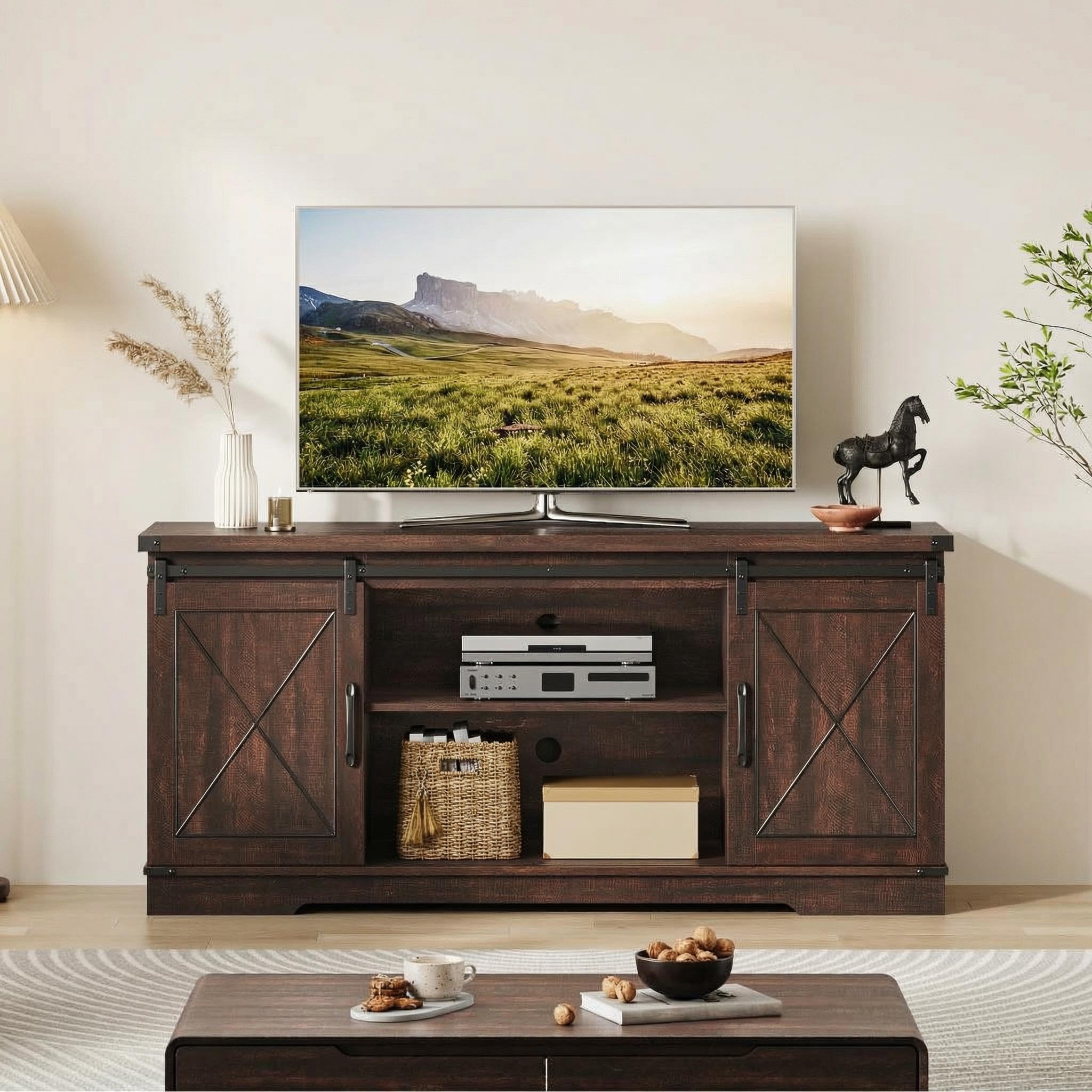 Garvee 59 Inch Farmhouse TV Stand for TVs Up to 65 Inch Media Console with Sliding Barn Doors and Adjustable Shelves
