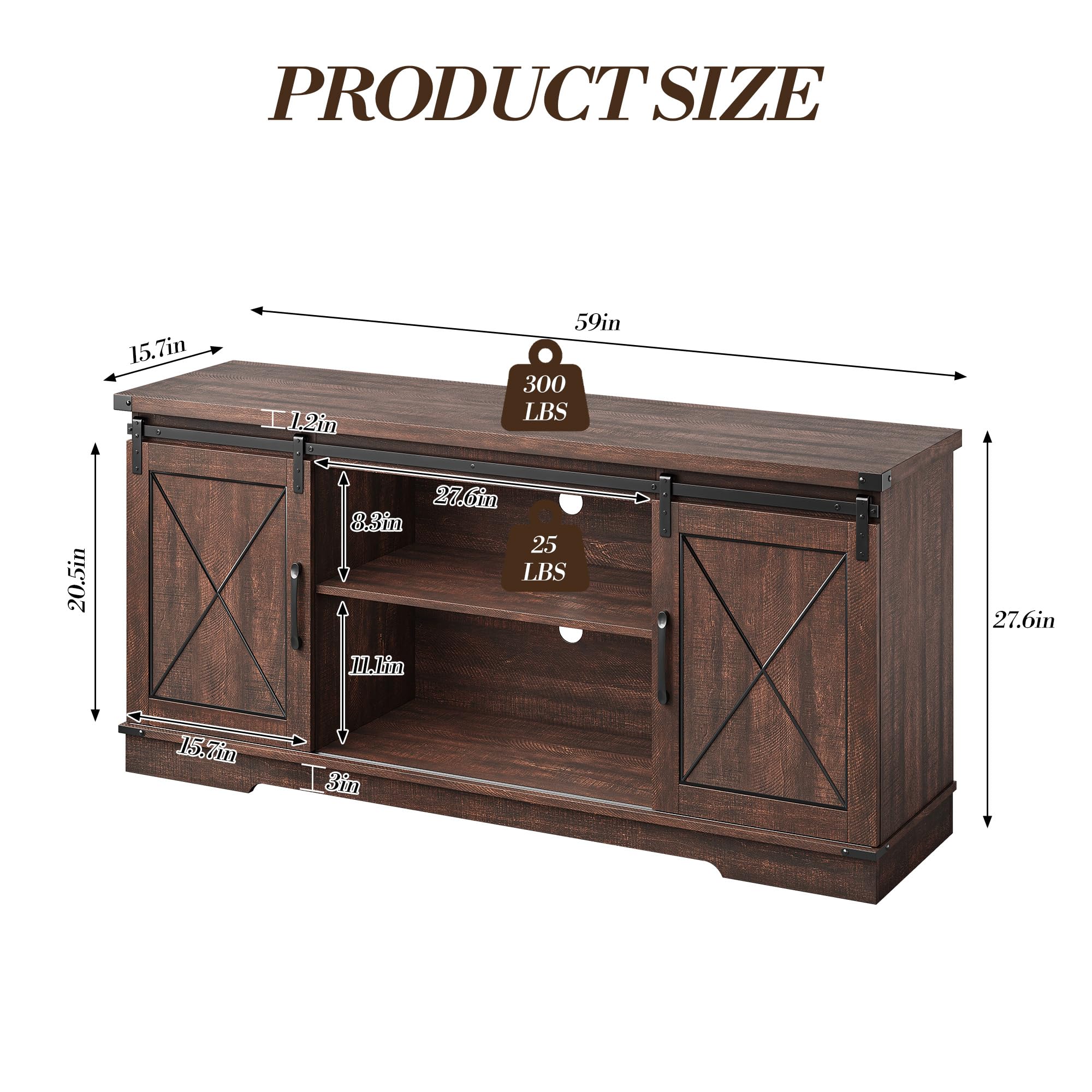 Garvee 59 Inch Farmhouse TV Stand for TVs Up to 65 Inch Media Console with Sliding Barn Doors and Adjustable Shelves - Image 2