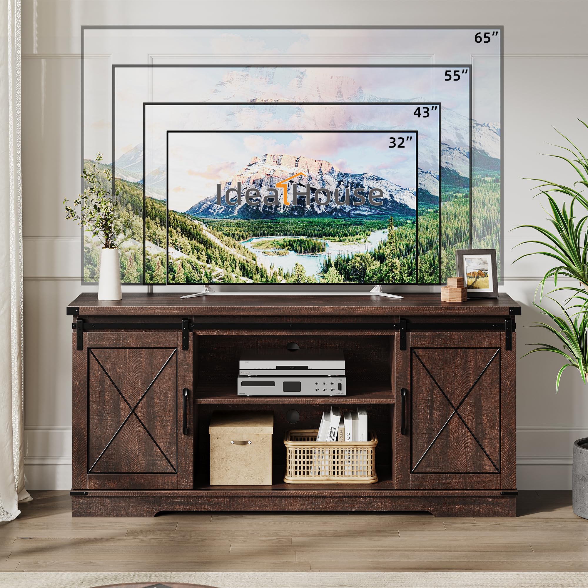 Garvee 59 Inch Farmhouse TV Stand for TVs Up to 65 Inch Media Console with Sliding Barn Doors and Adjustable Shelves - Image 6