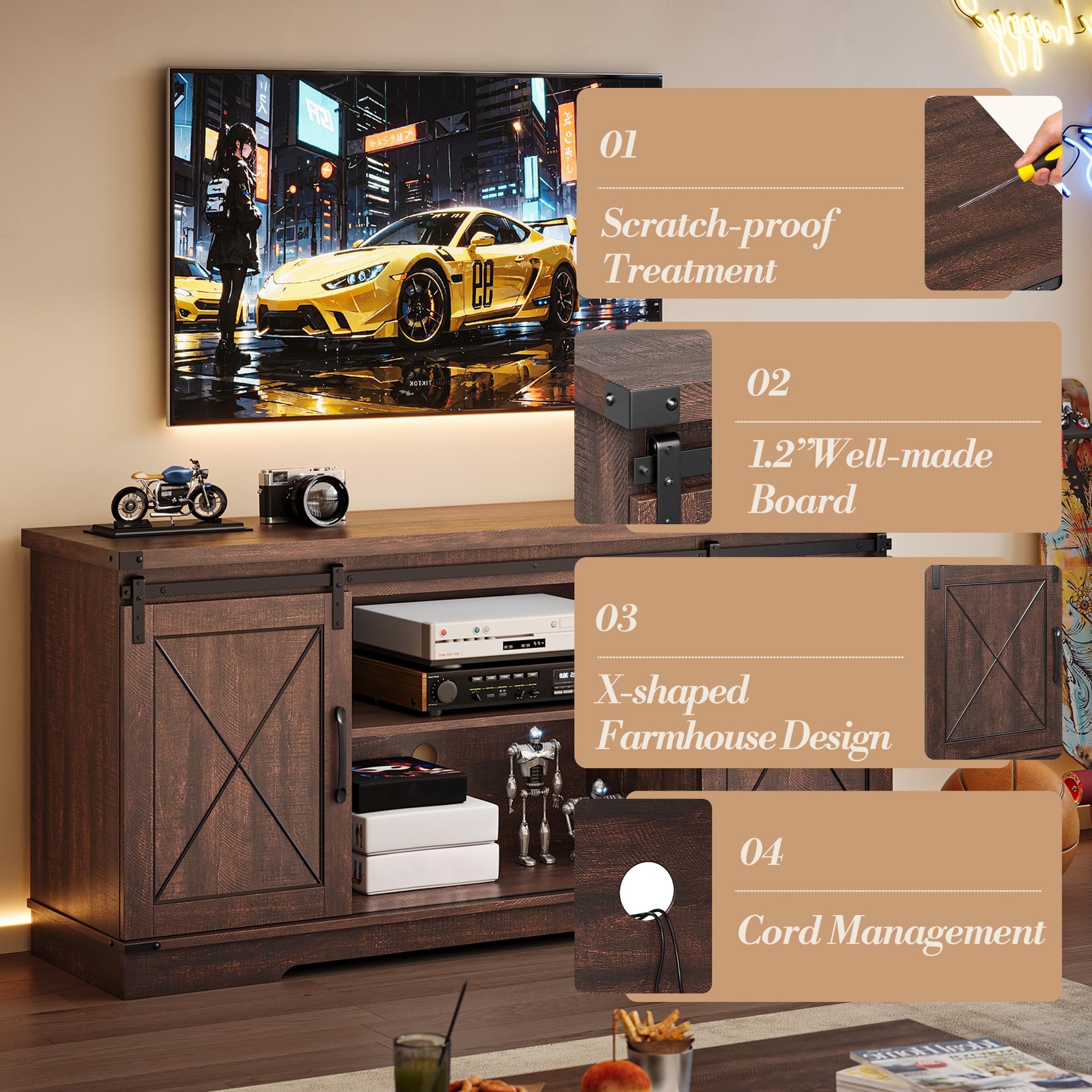 Garvee 59 Inch Farmhouse TV Stand for TVs Up to 65 Inch Media Console with Sliding Barn Doors and Adjustable Shelves - Image 9