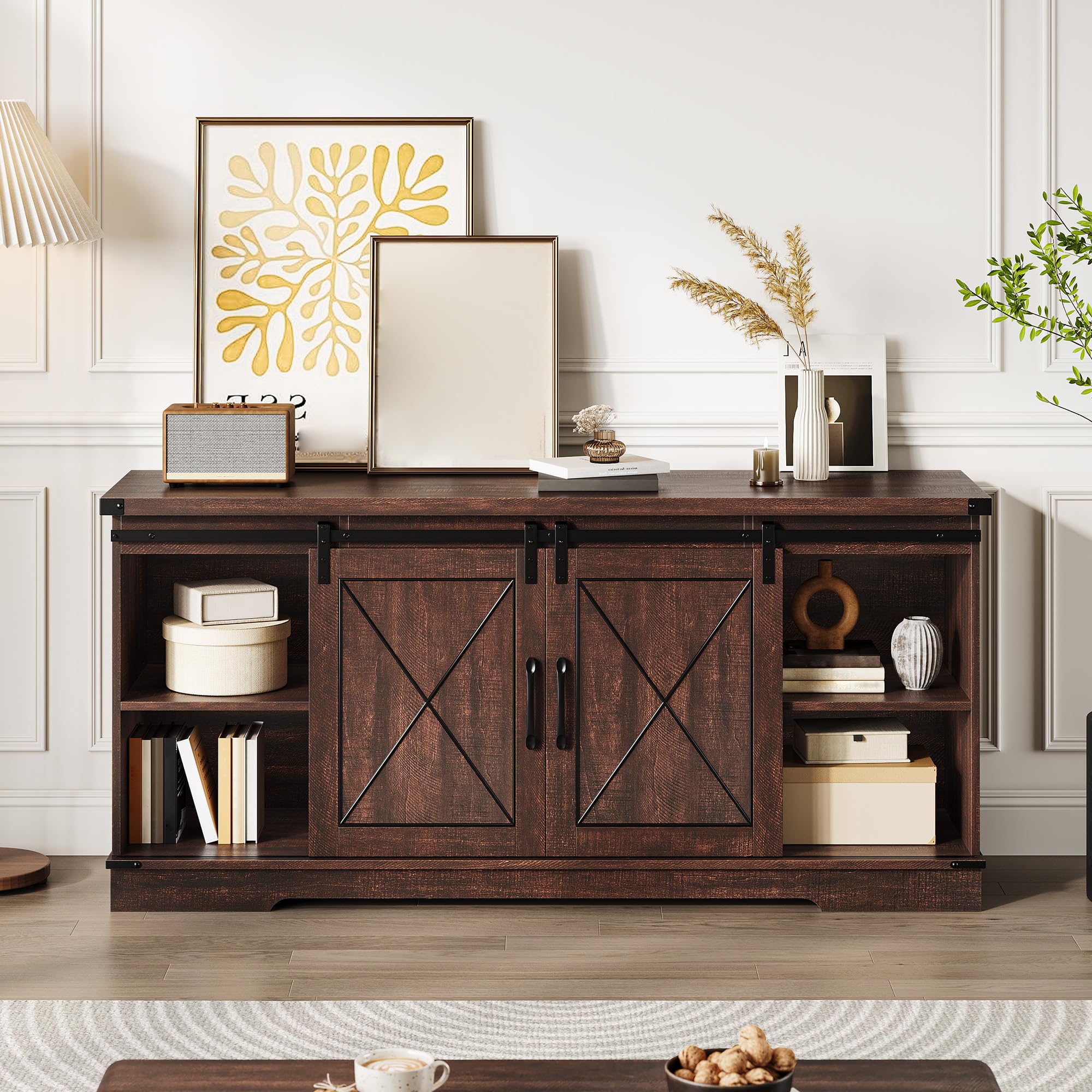 Garvee 59 Inch Farmhouse TV Stand for TVs Up to 65 Inch Media Console with Sliding Barn Doors and Adjustable Shelves - Image 3
