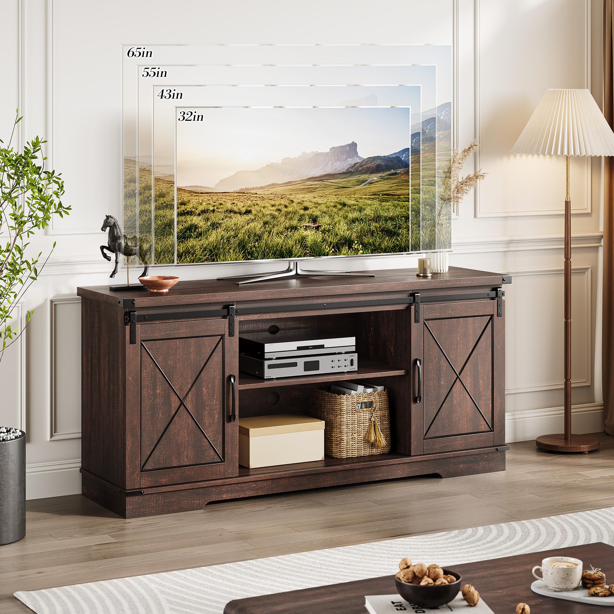 Garvee 59 Inch Farmhouse TV Stand for TVs Up to 65 Inch Media Console with Sliding Barn Doors and Adjustable Shelves - Image 12