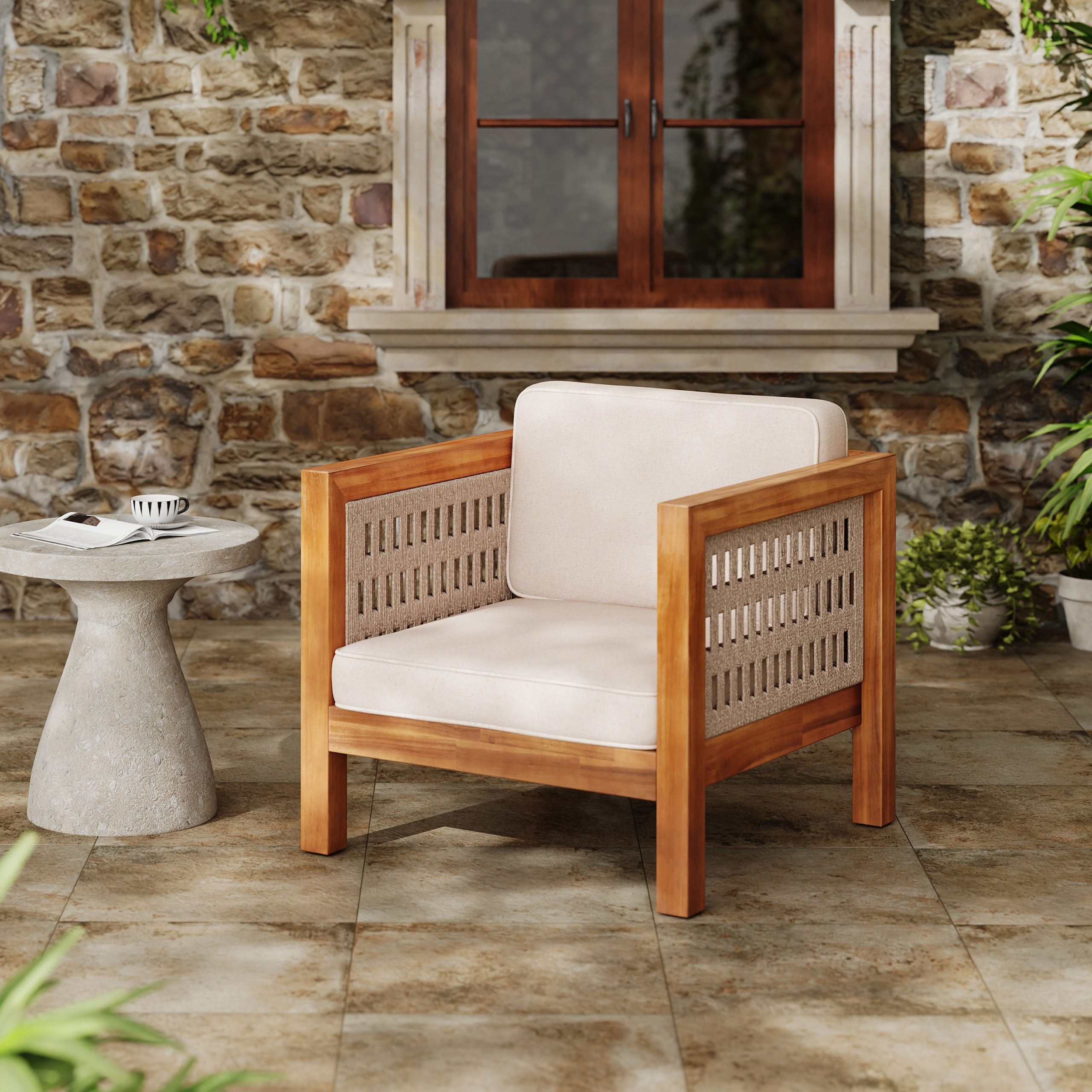 Afoxsos Acacia Wood Outdoor Club Chair Beige Rope Arm Beige Cushions 400 lbs Capacity 30.25 in W x 30.25 in D x 26.5 in H Durable Patio Seating - Image 2
