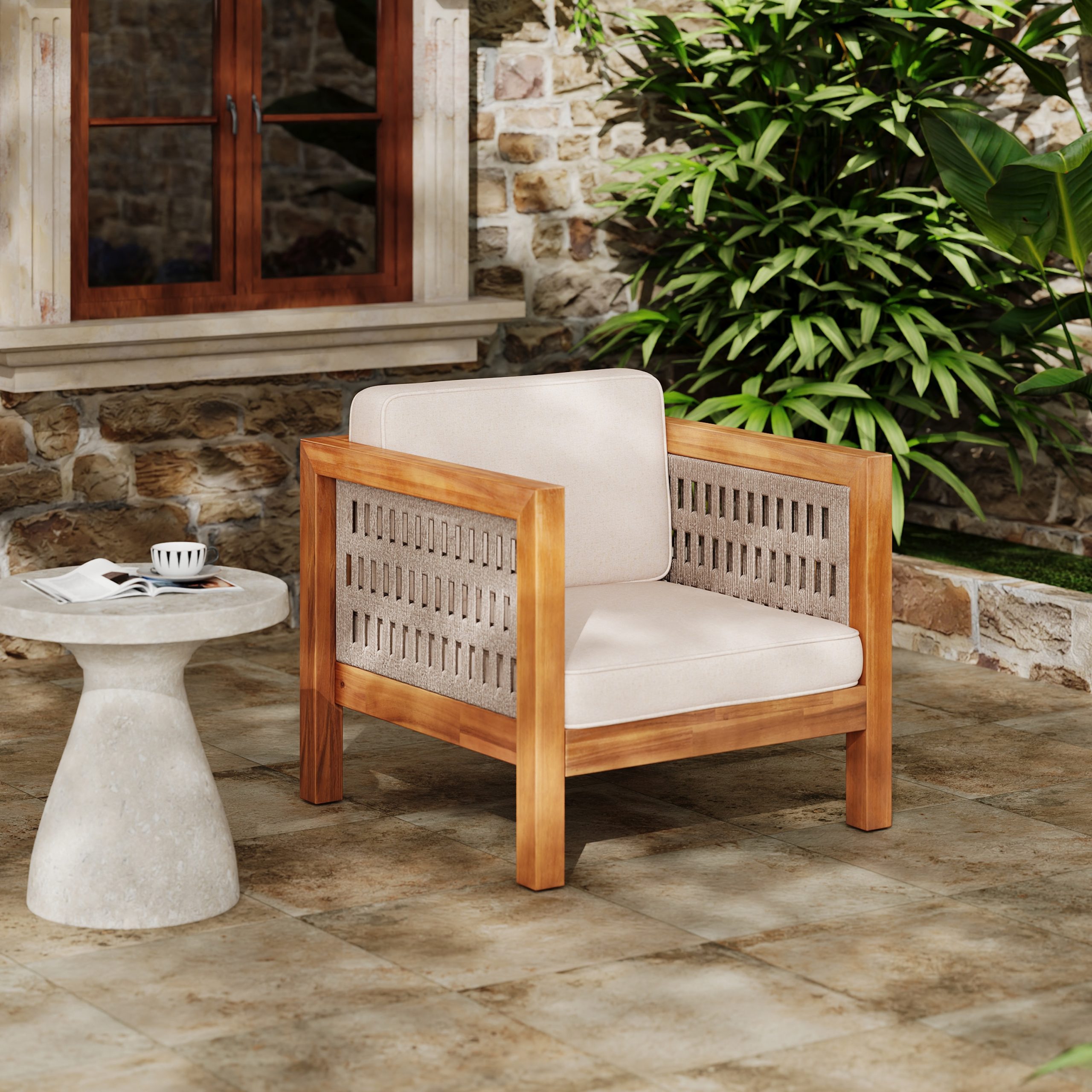 Afoxsos Acacia Wood Outdoor Club Chair Beige Rope Arm Beige Cushions 400 lbs Capacity 30.25 in W x 30.25 in D x 26.5 in H Durable Patio Seating