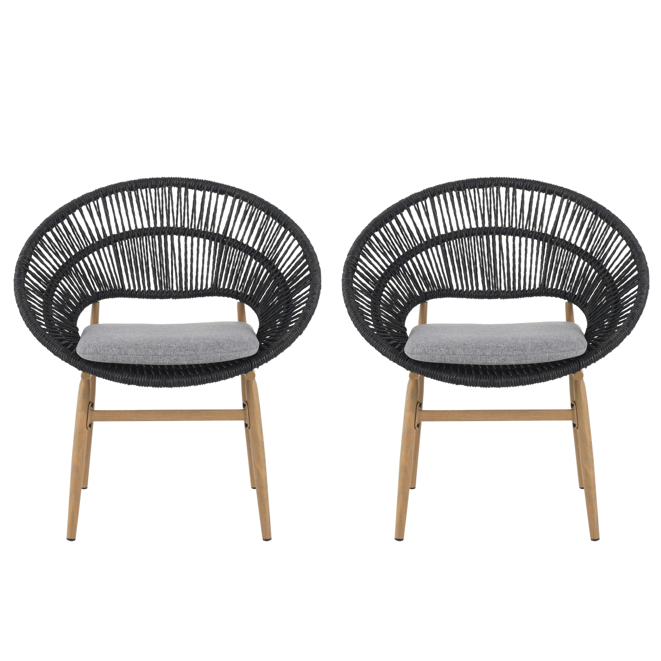 Afoxsos set of 2 outdoor wicker papasan style dining chairs dark gray faux rattan gray cushion teak finished legs weather resistant - Image 3