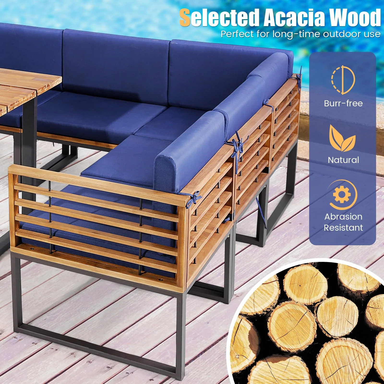 Tangkula 8 Piece Patio Dining Set, Acacia Wood Conversation Sofa Set - Image 7