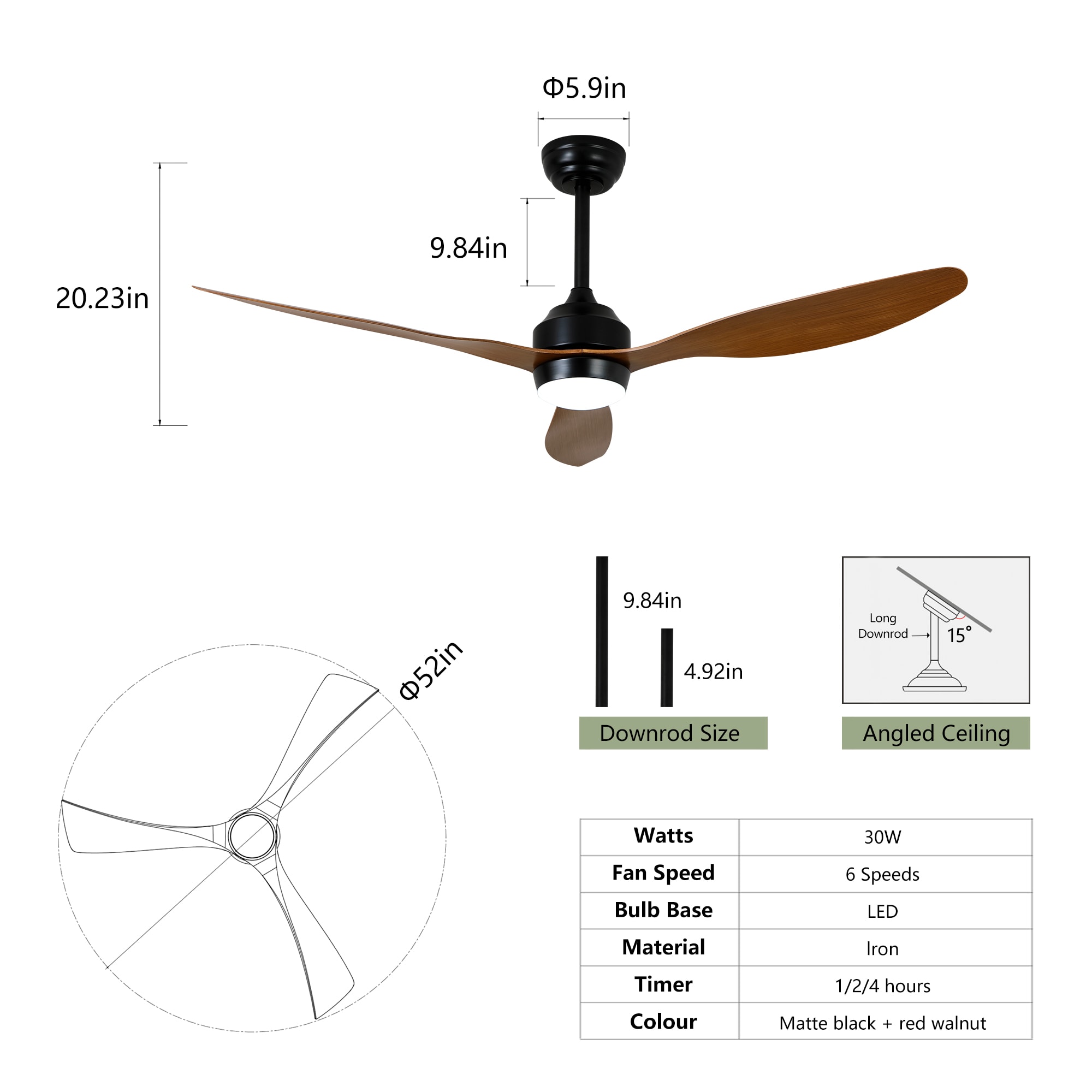 LUXEYARD 52in Ceiling Fan with Lights Quiet DC Motor 3 ABS Blade Ceiling Fans 6 Speed Levels Reversible Ceiling Fan for Patio Living Room Bedroom Office Matte Black Walnut - Image 6